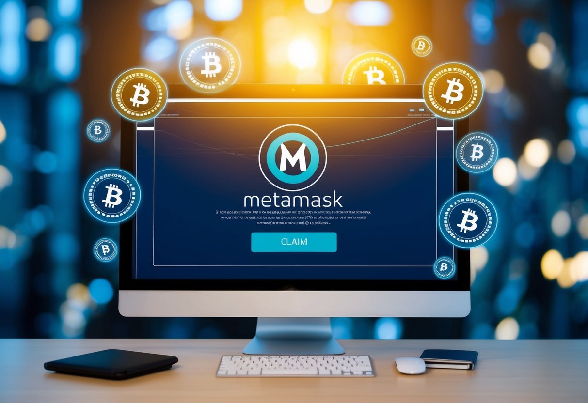 A computer screen displaying the Metamask interface with a claim button highlighted, surrounded by digital currency symbols