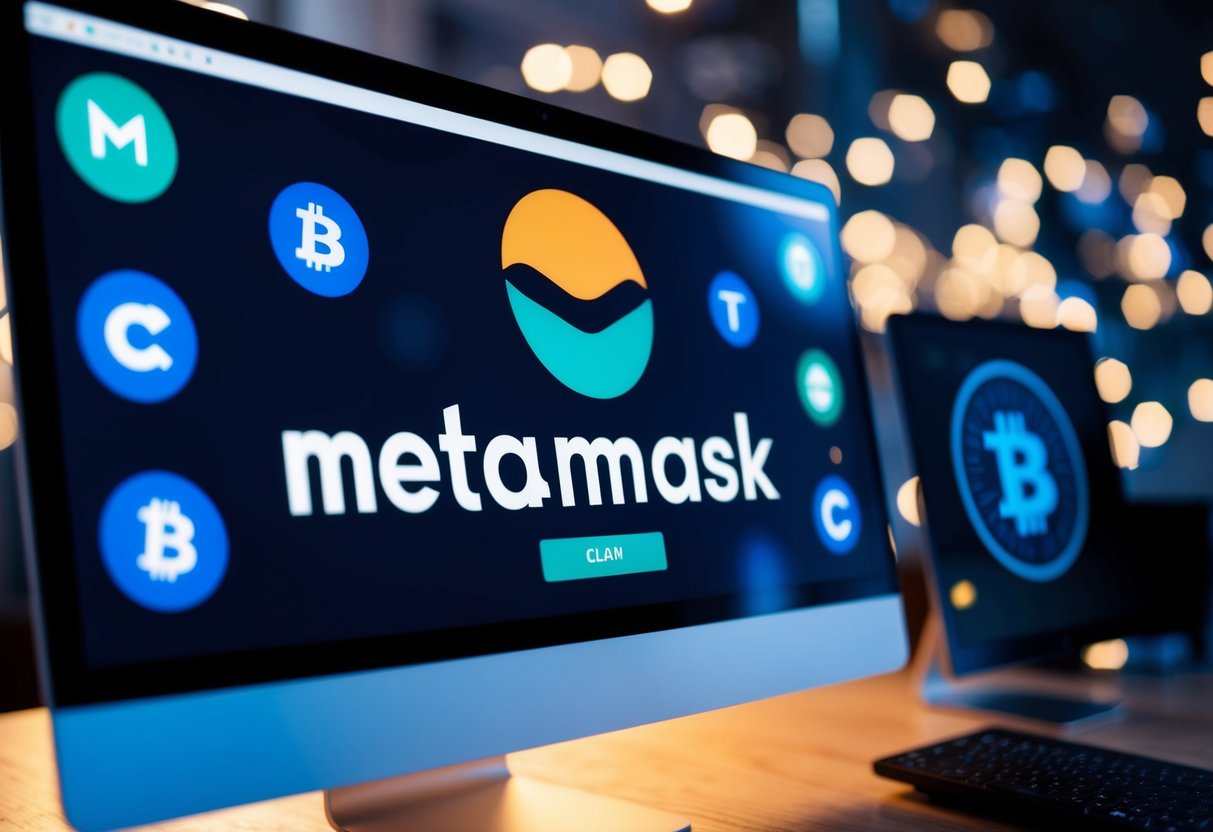 A computer screen displaying the Metamask logo, surrounded by various cryptocurrency symbols and icons, with a claim button highlighted