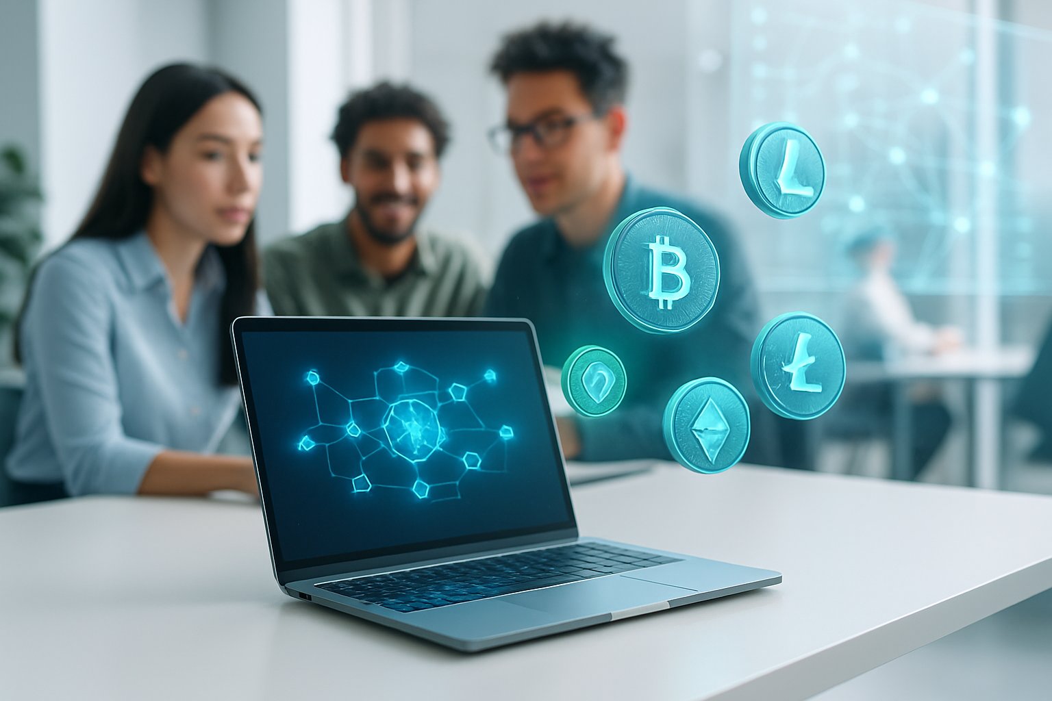A modern workspace with a laptop showing a blockchain interface, surrounded by digital coins, and people collaborating in the background.
