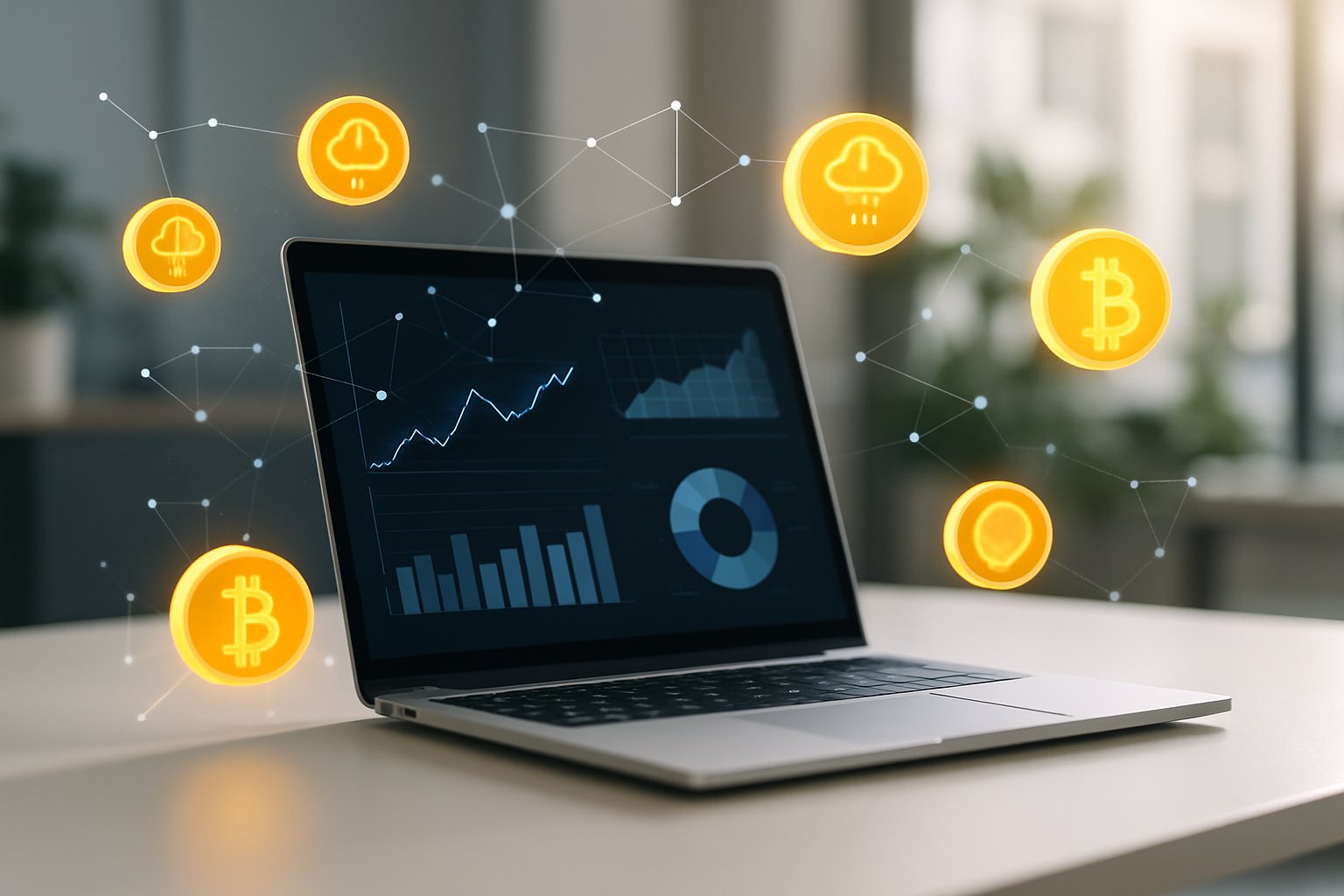 A laptop on a desk displaying financial charts with digital tokens and interconnected nodes floating around in a modern office setting.