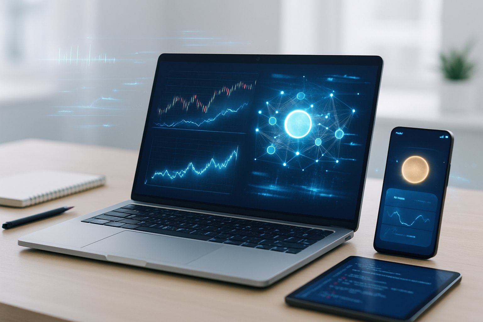 A modern workspace with digital devices showing cryptocurrency charts and blockchain visuals in a bright office.