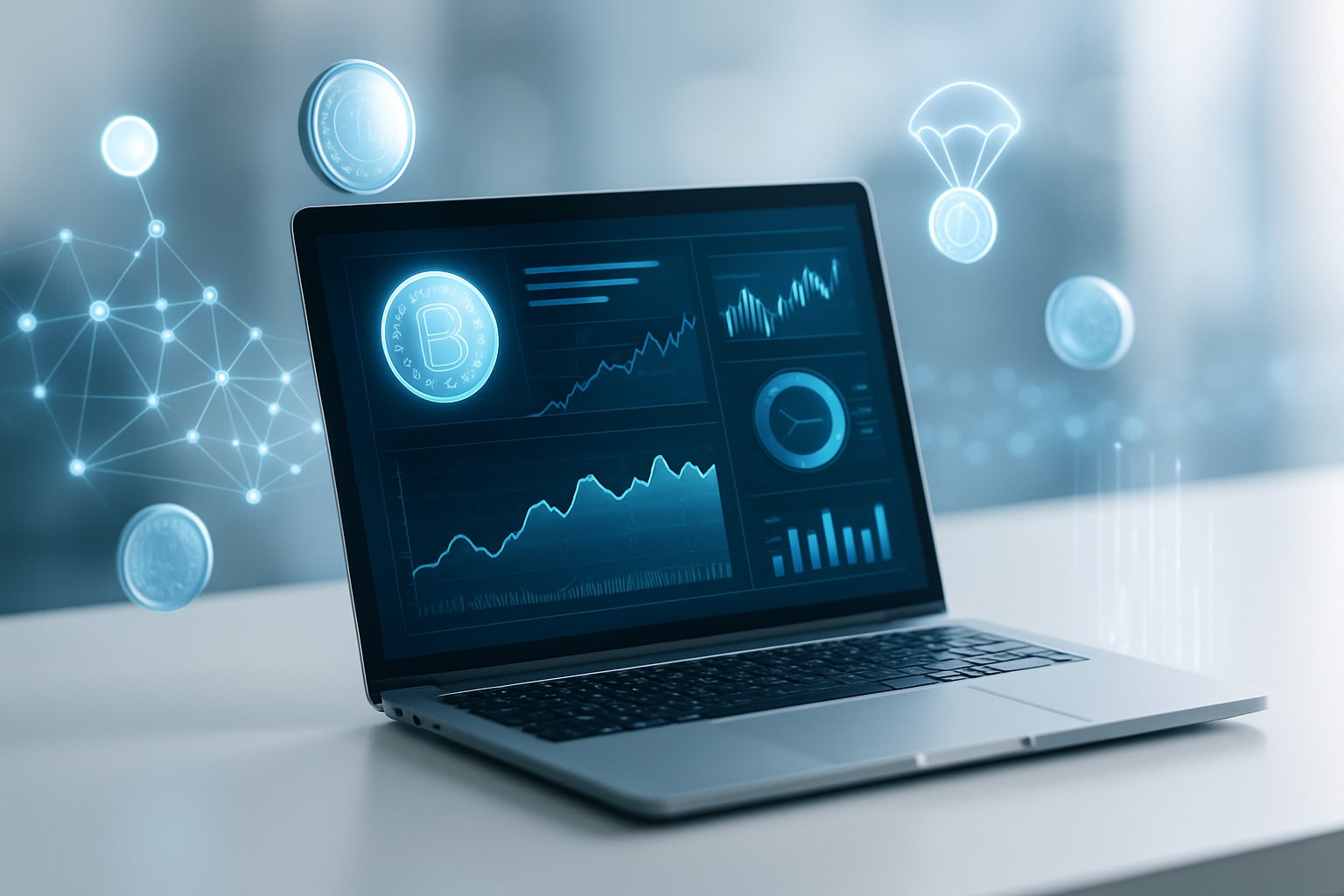 A laptop on a desk showing digital cryptocurrency charts with floating digital coins and connected network nodes around it.