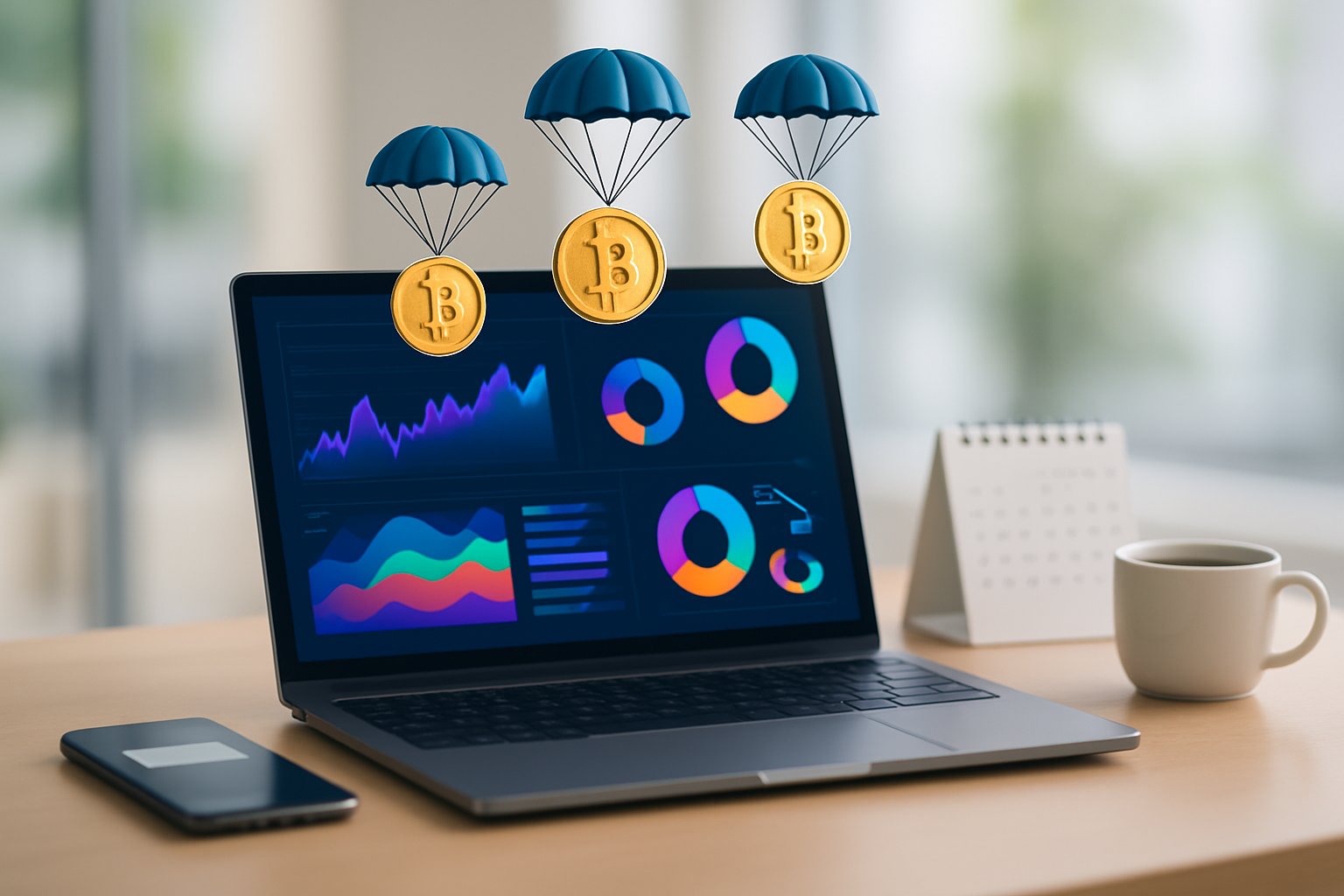 A laptop on a desk showing digital cryptocurrency charts with a calendar and smartphone nearby in a bright office setting.