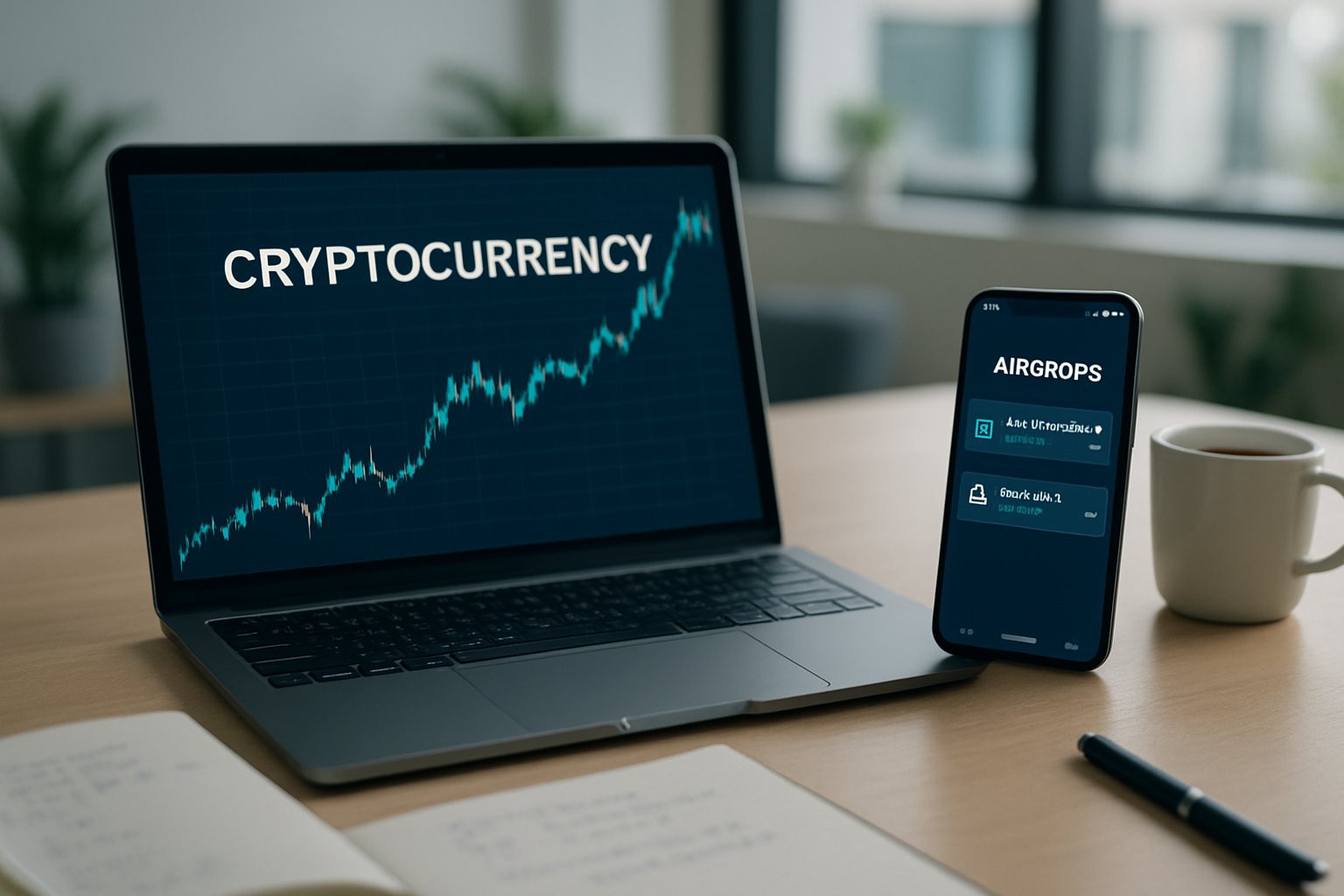 A laptop and smartphone on a desk displaying cryptocurrency charts and notifications in a modern office setting.