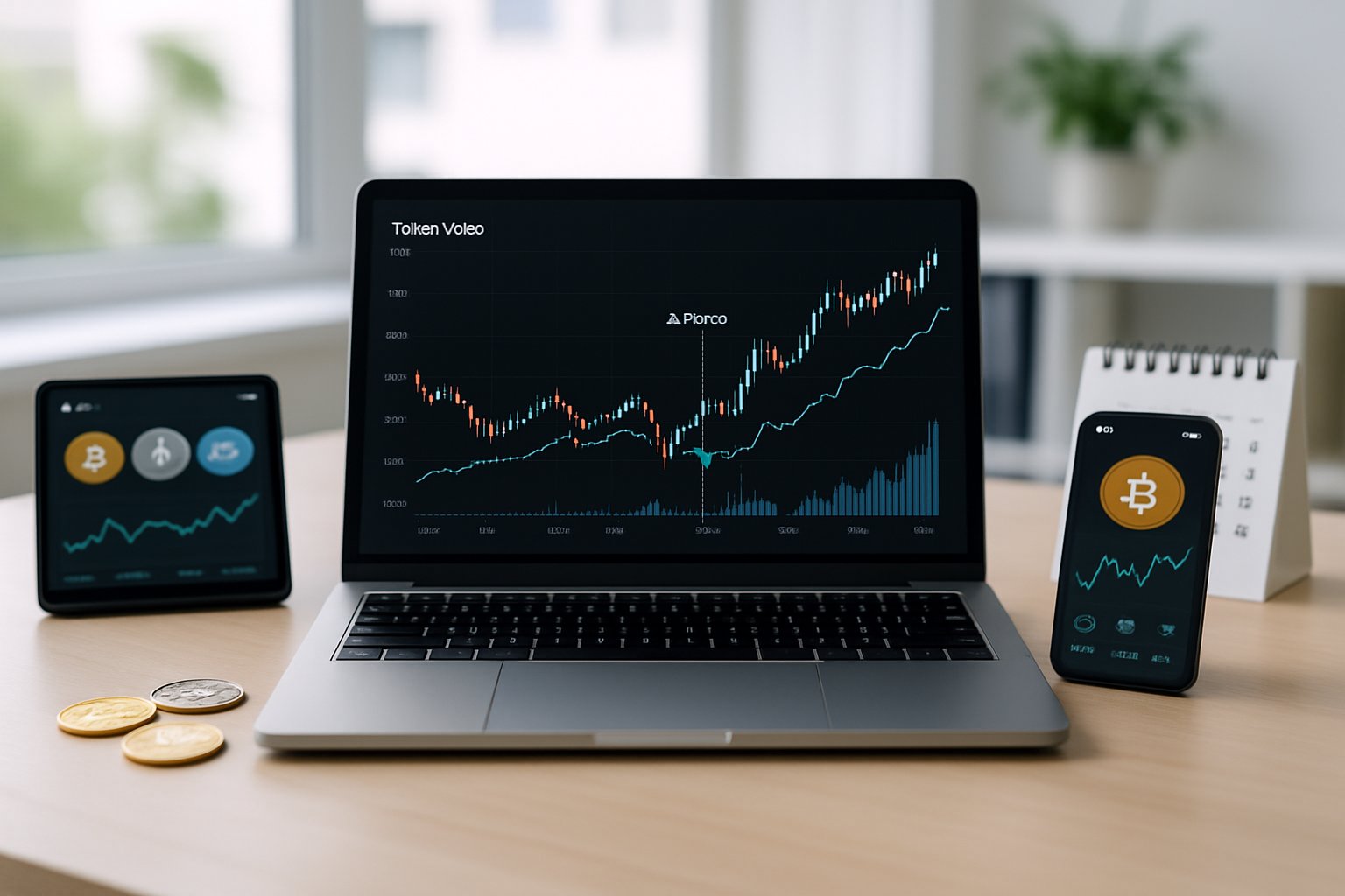 A workspace with a laptop showing financial charts, a calendar marked with a date, and cryptocurrency tokens on the desk.