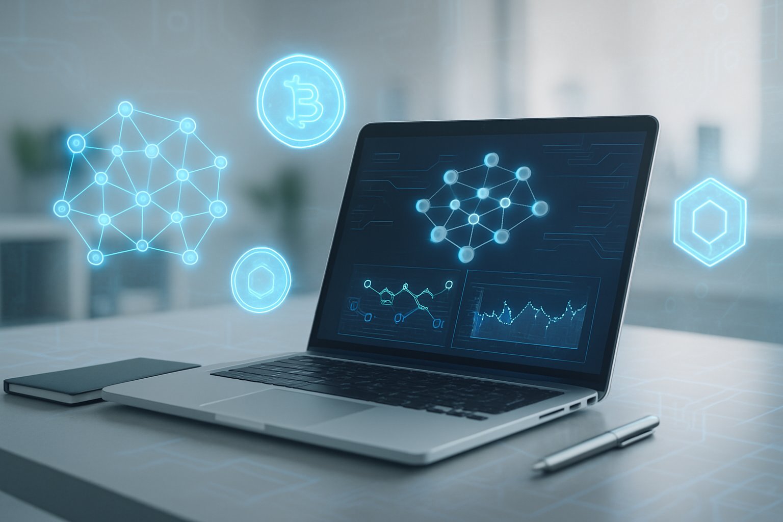 A modern workspace with a laptop showing blockchain data and holographic crypto network visuals in a bright office setting.