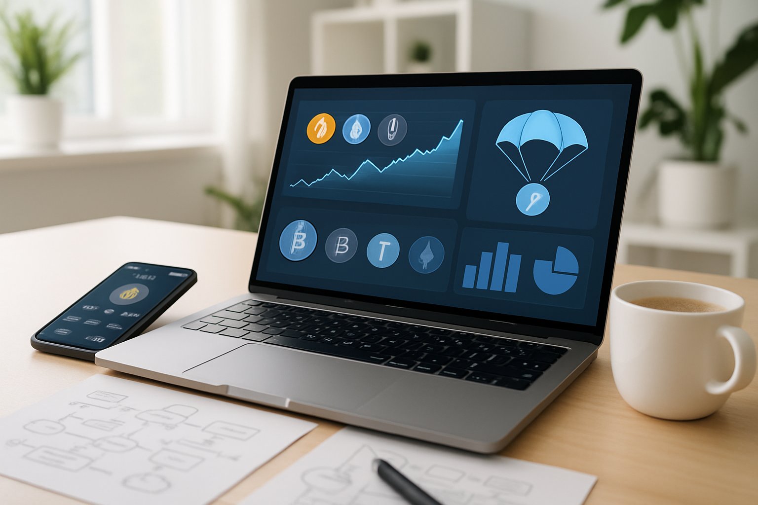 A modern workspace with a laptop showing cryptocurrency charts, a smartphone with a crypto wallet app, notes with diagrams, and a cup of coffee on a desk in a bright office.