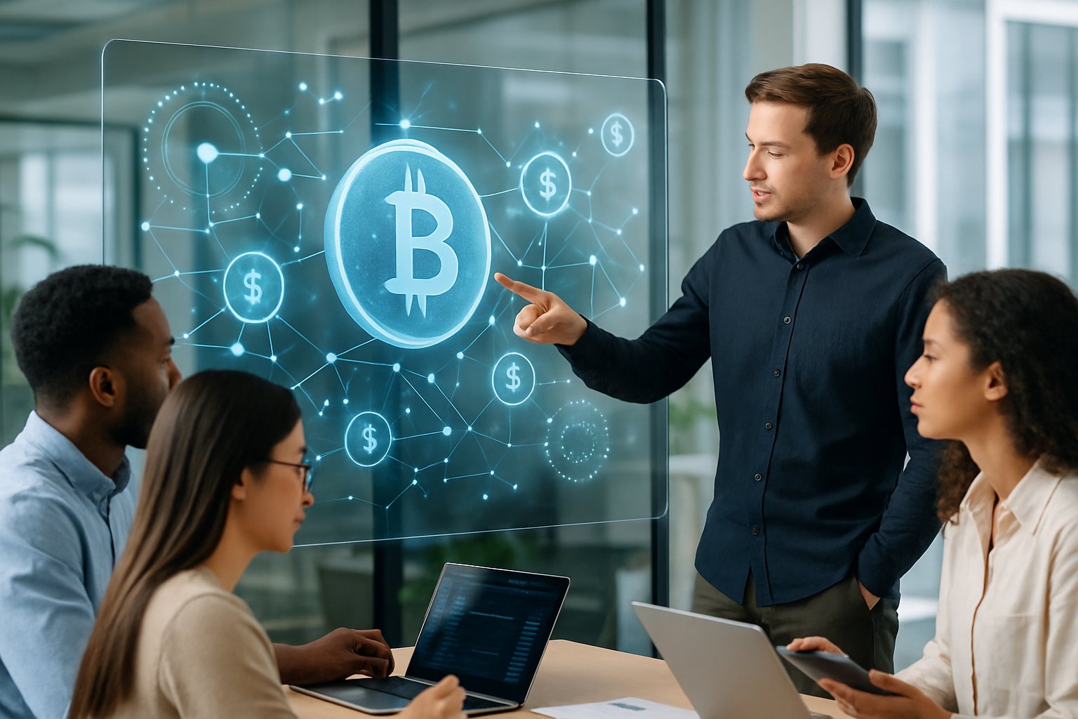 A group of young professionals in a modern office discussing digital cryptocurrency concepts around a large transparent screen showing holographic digital tokens.