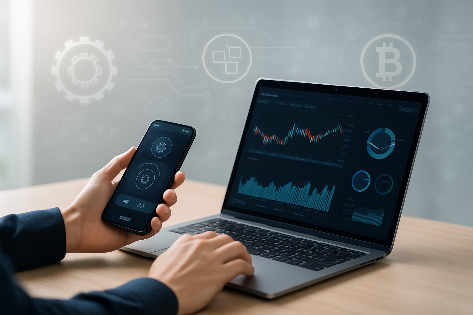 Hands interacting with a laptop and smartphone displaying cryptocurrency charts and a digital wallet in a modern workspace.