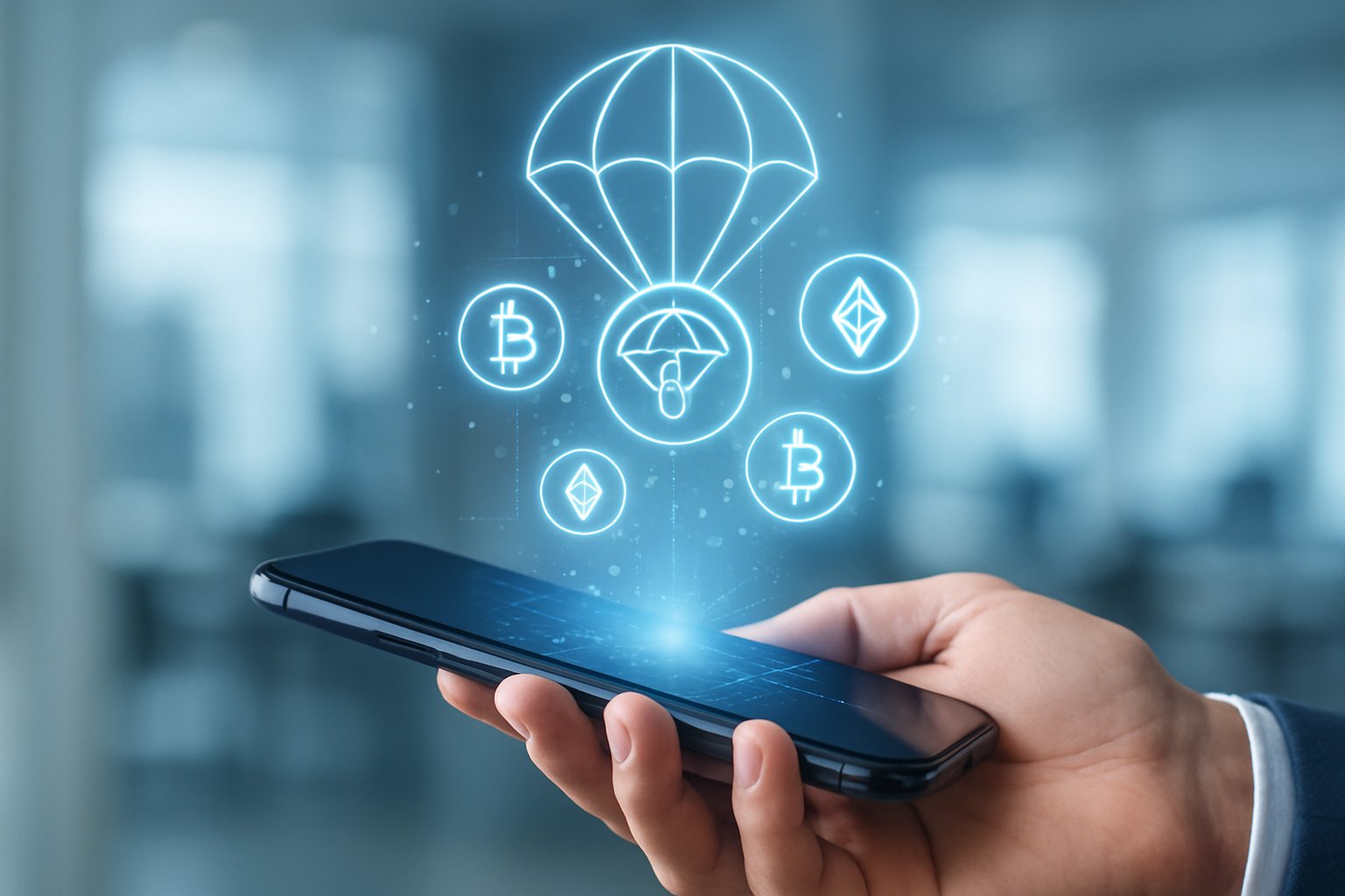 A person holding a smartphone with glowing digital cryptocurrency icons floating above the screen in a modern office setting.