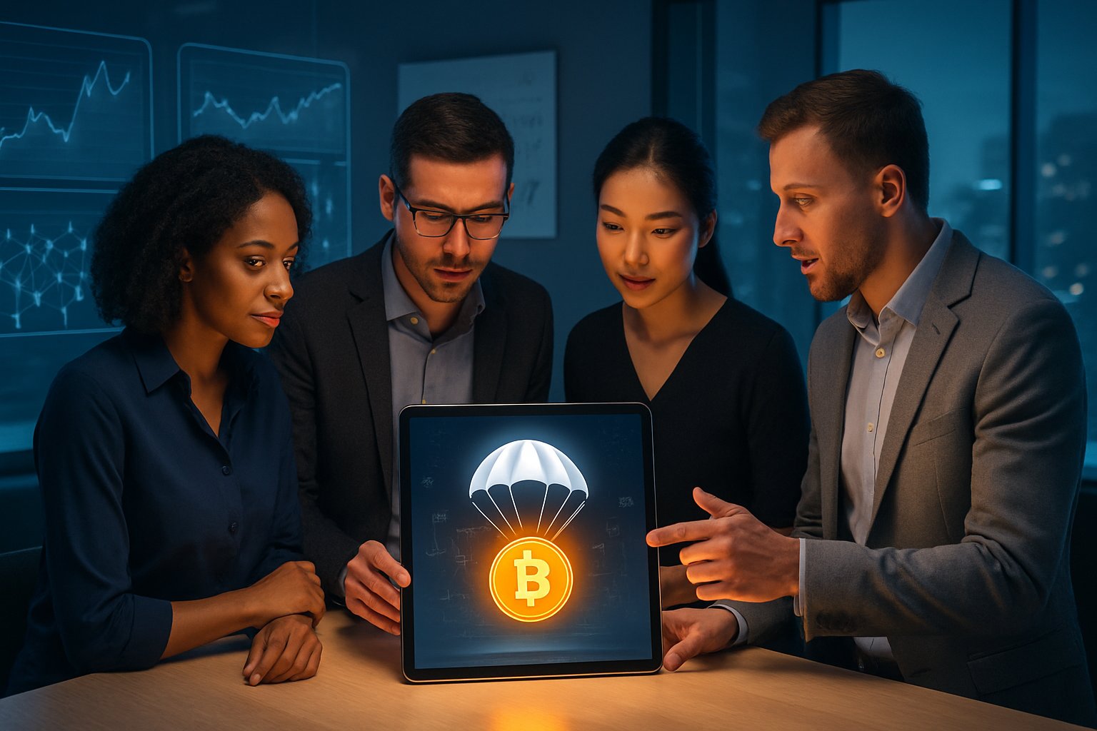 A group of professionals discussing cryptocurrency charts and a digital token in a modern office with futuristic screens and a city view.