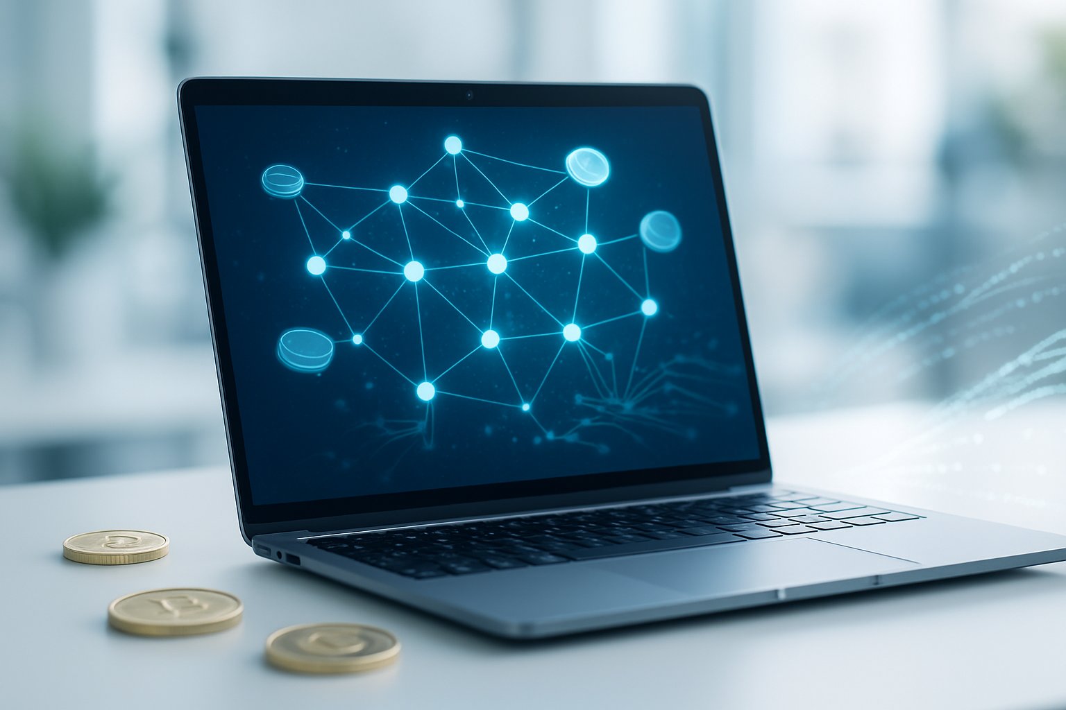A laptop on a desk showing a digital blockchain network with connected nodes and glowing lines, surrounded by abstract cryptocurrency symbols.