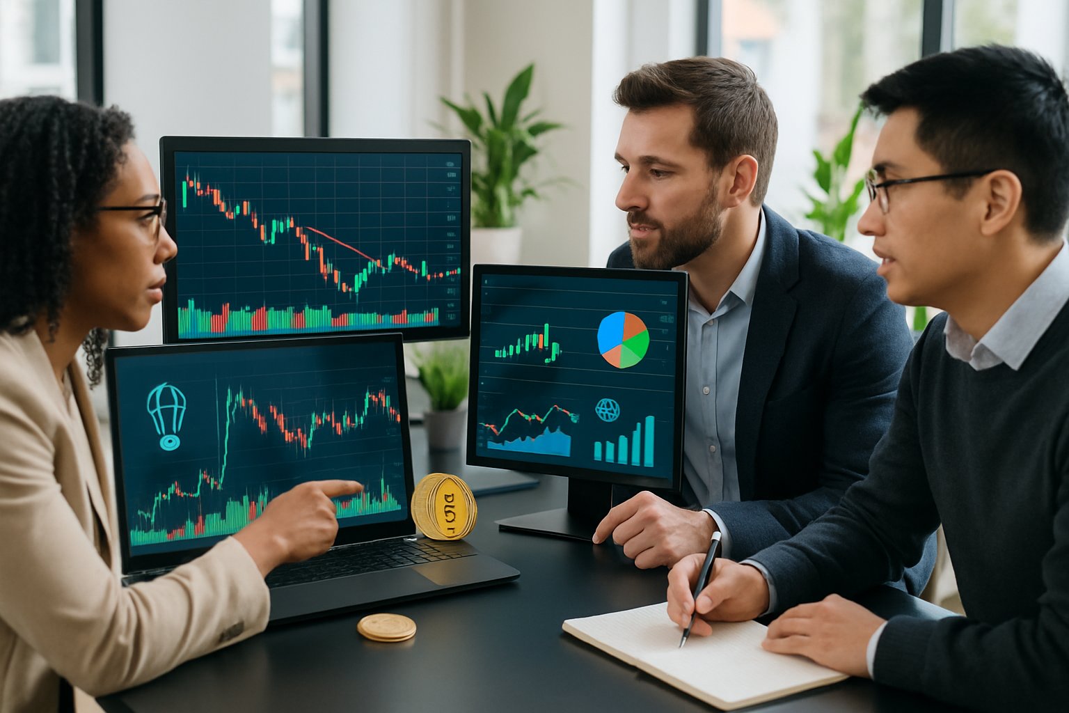 A group of professionals discussing financial charts and data on computer screens in a modern office setting.