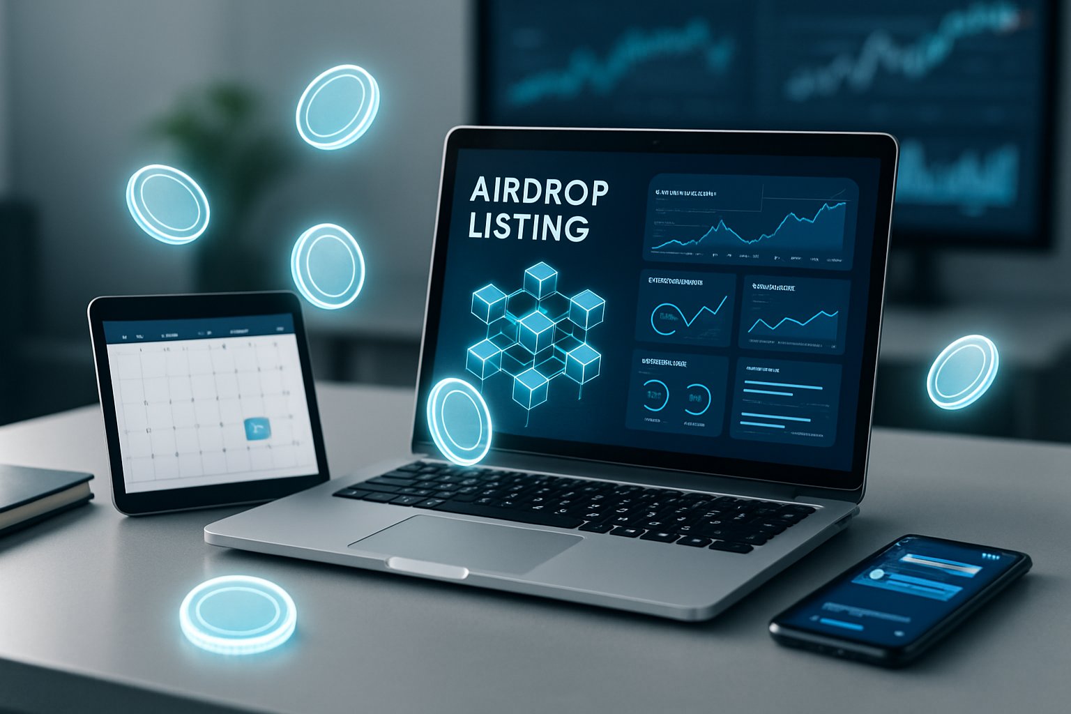 A modern office desk with digital devices displaying blockchain dashboards and floating digital tokens, representing a cryptocurrency airdrop listing process.