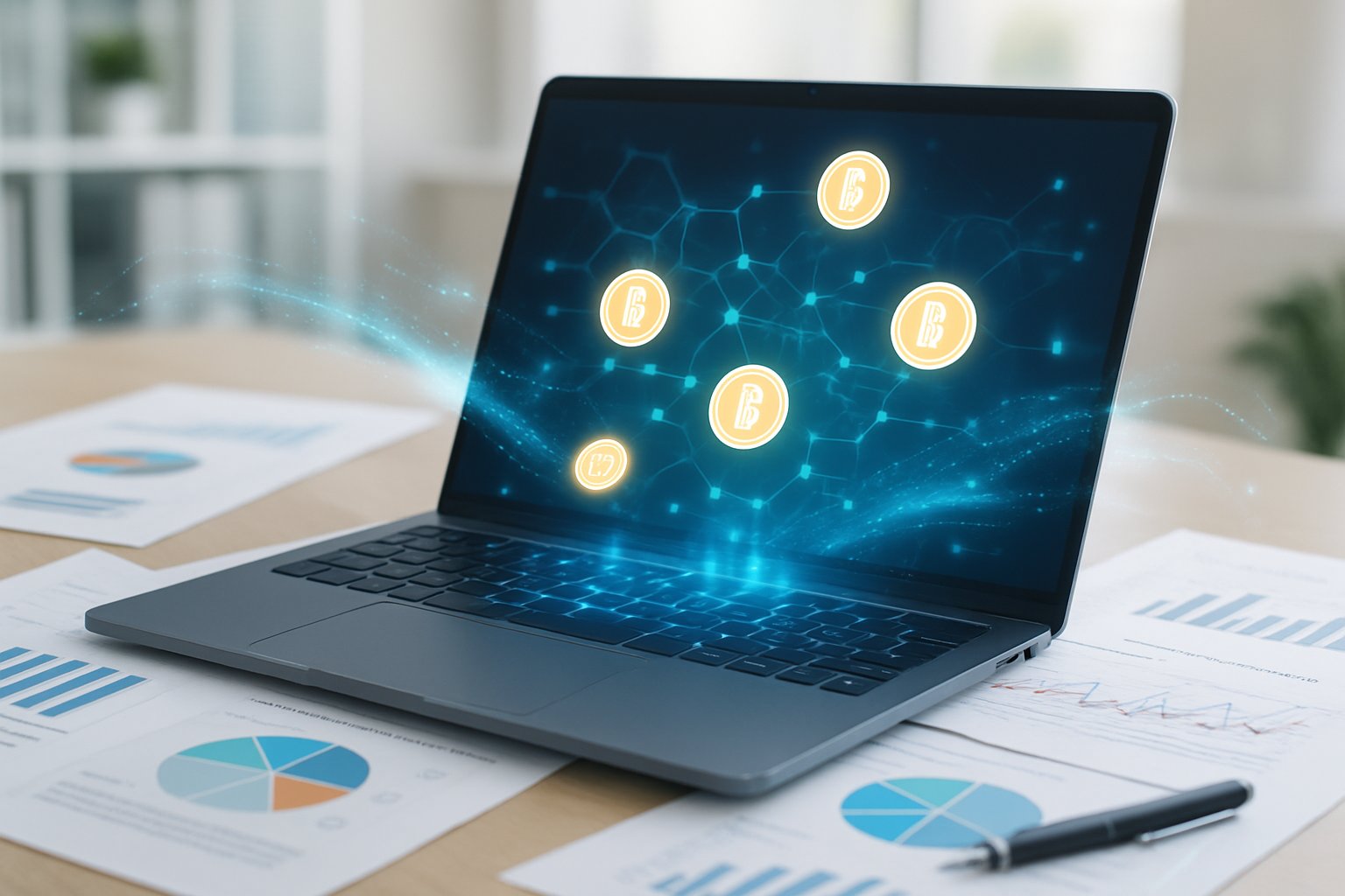 A laptop on a desk with floating digital tokens and charts representing cryptocurrency distribution in a bright office setting.