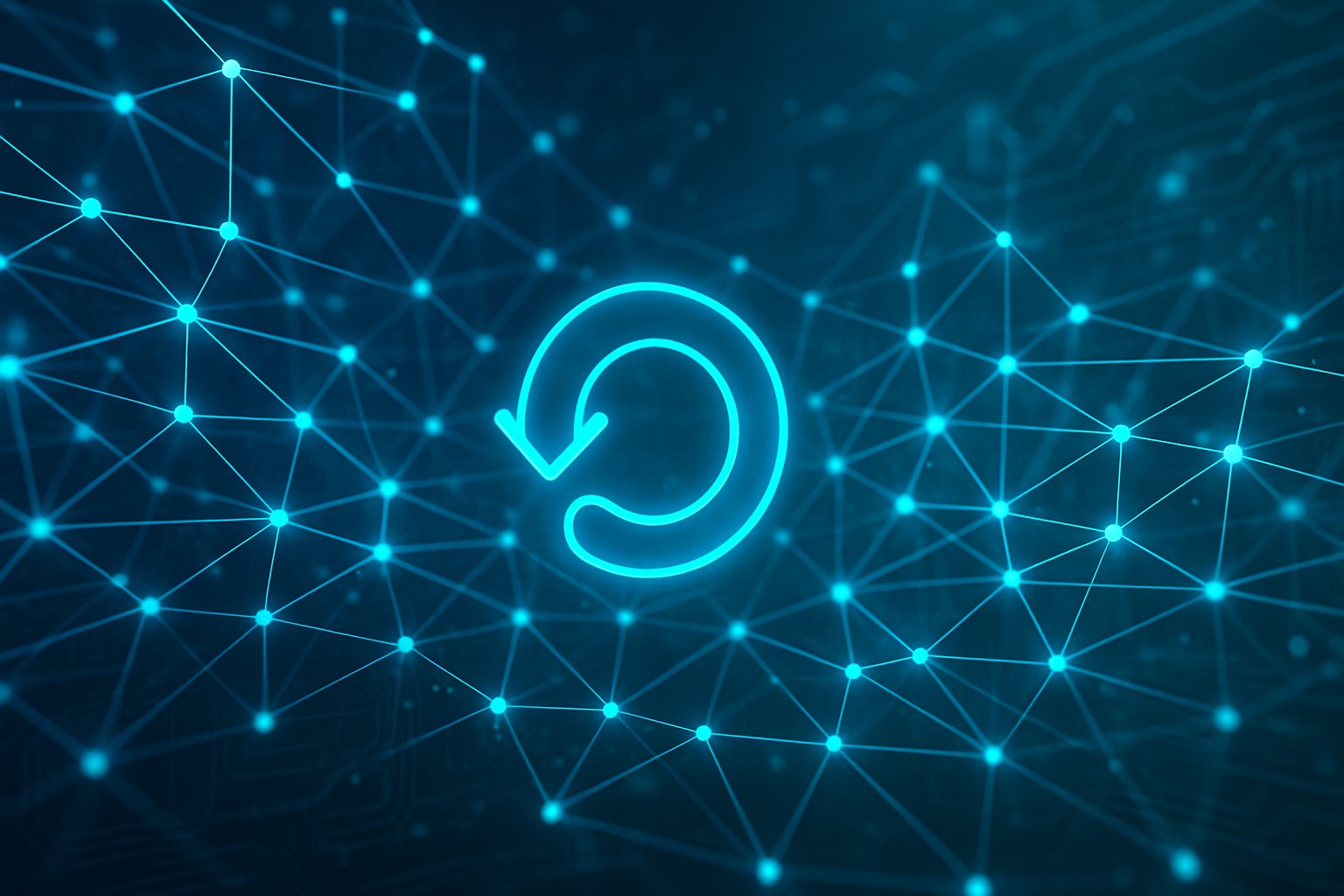A digital network with interconnected glowing nodes and a circular abstract symbol representing continuous data exchange and technology.