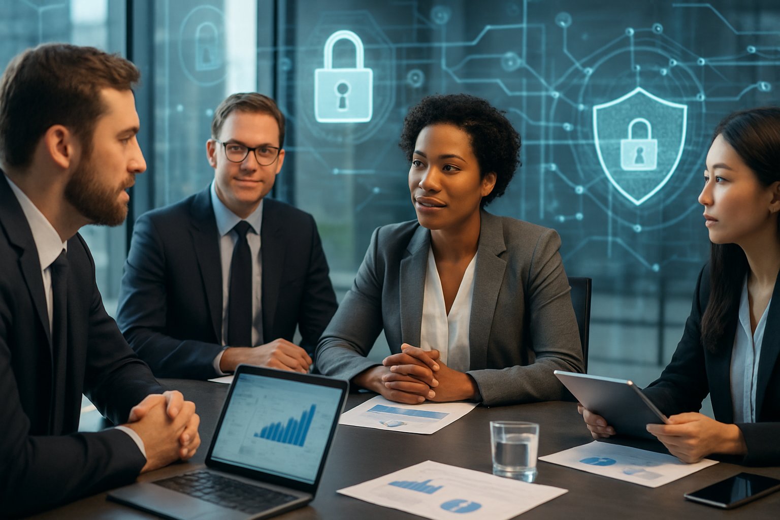 A group of professionals in a modern office collaborating around a table with digital devices and security-themed graphics displayed on transparent screens.