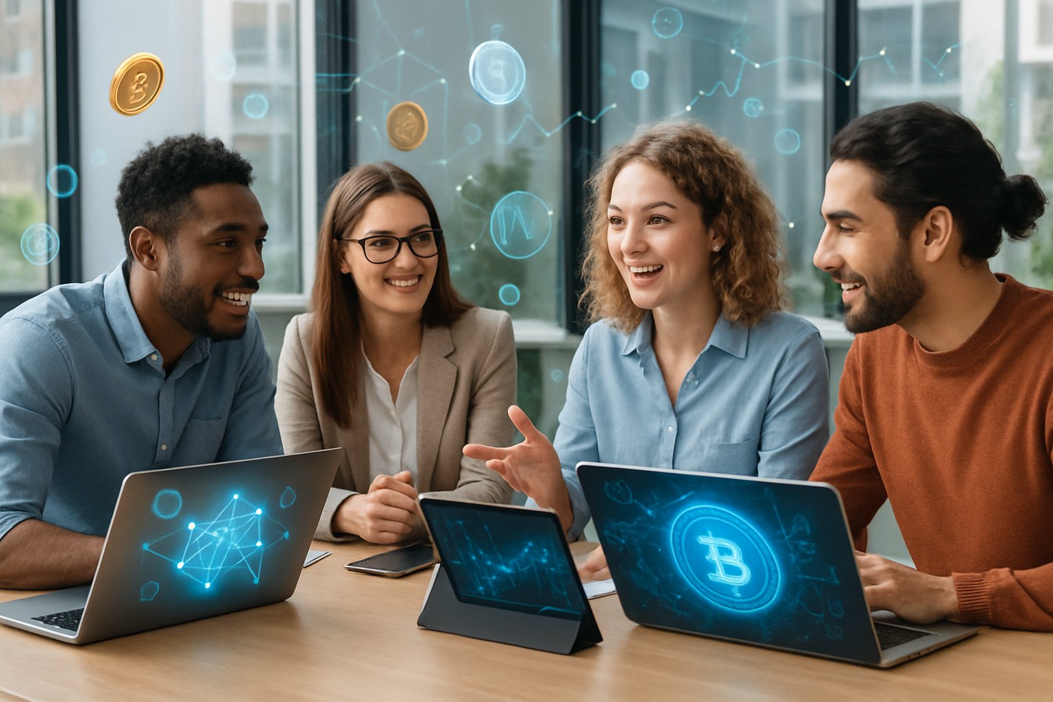 A group of young professionals collaborating around a table with laptops and tablets showing digital cryptocurrency graphics in a modern office.
