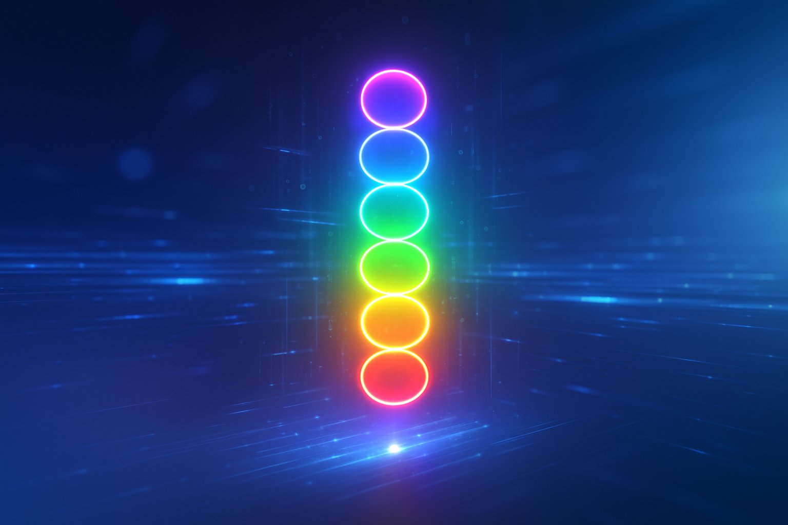 A glowing seven-colored chakra symbol floating in a futuristic digital environment with light streams and holographic effects.