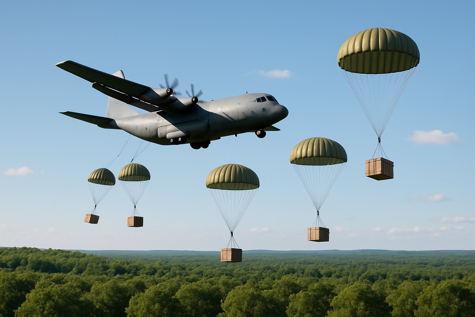 A military cargo plane releasing parachutes carrying supply containers over a green forest landscape.