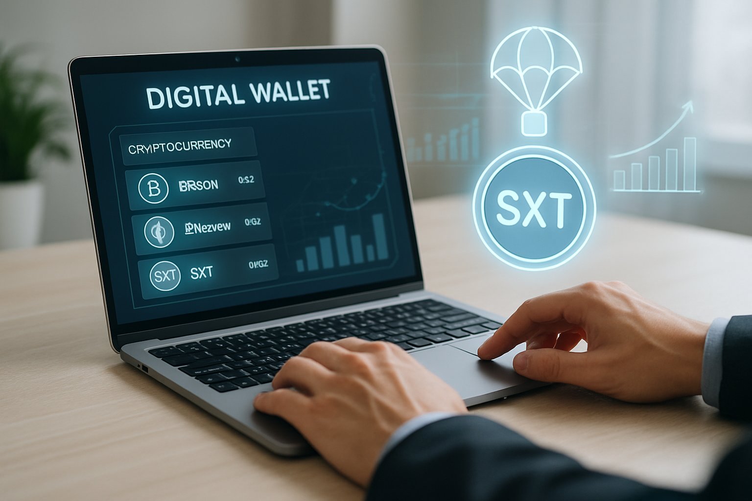 A person using a laptop at a modern desk with digital cryptocurrency tokens and charts floating above.