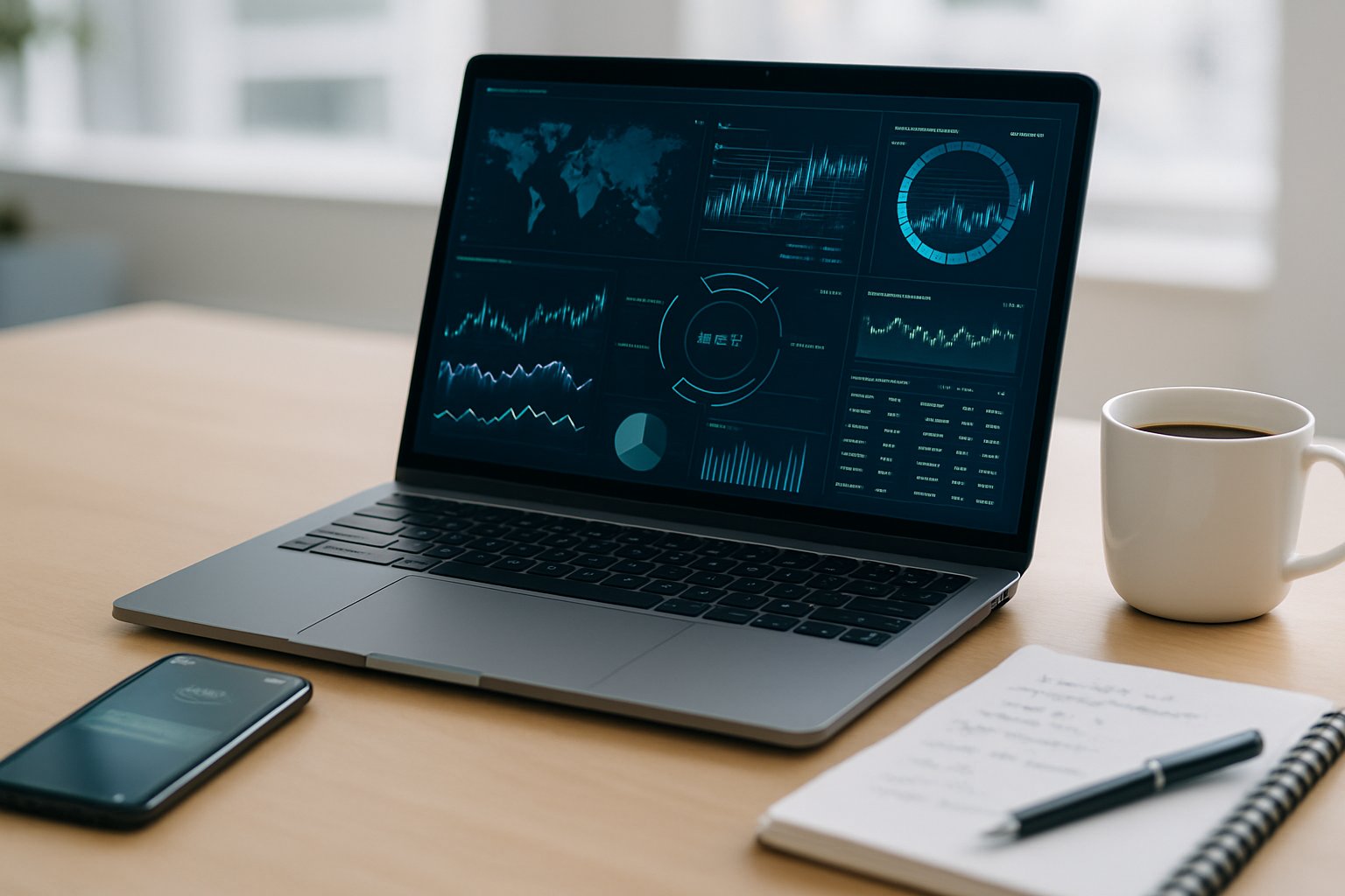 A modern workspace with a laptop showing cryptocurrency data and a smartphone on a clean desk with a cup of coffee.