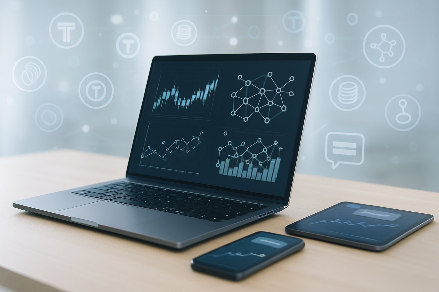 A modern workspace with a laptop and digital devices displaying cryptocurrency data and blockchain network visuals.