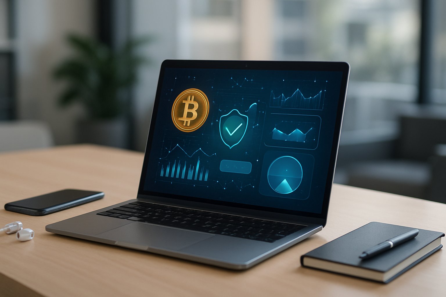 A laptop on a desk showing digital graphs and notifications related to cryptocurrency, surrounded by tech gadgets in a modern office setting.
