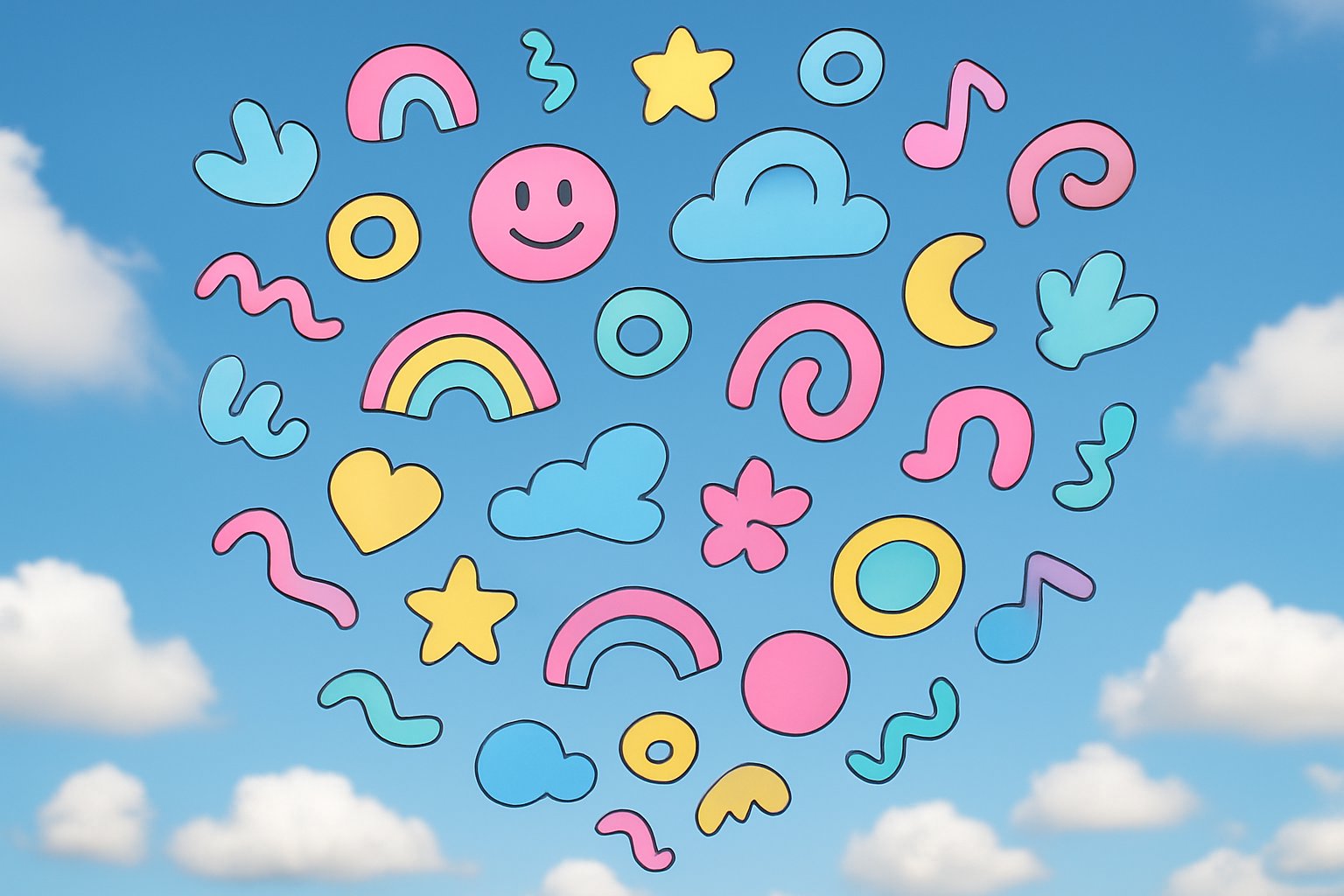 Colorful doodle illustrations floating down from a blue sky with white clouds.