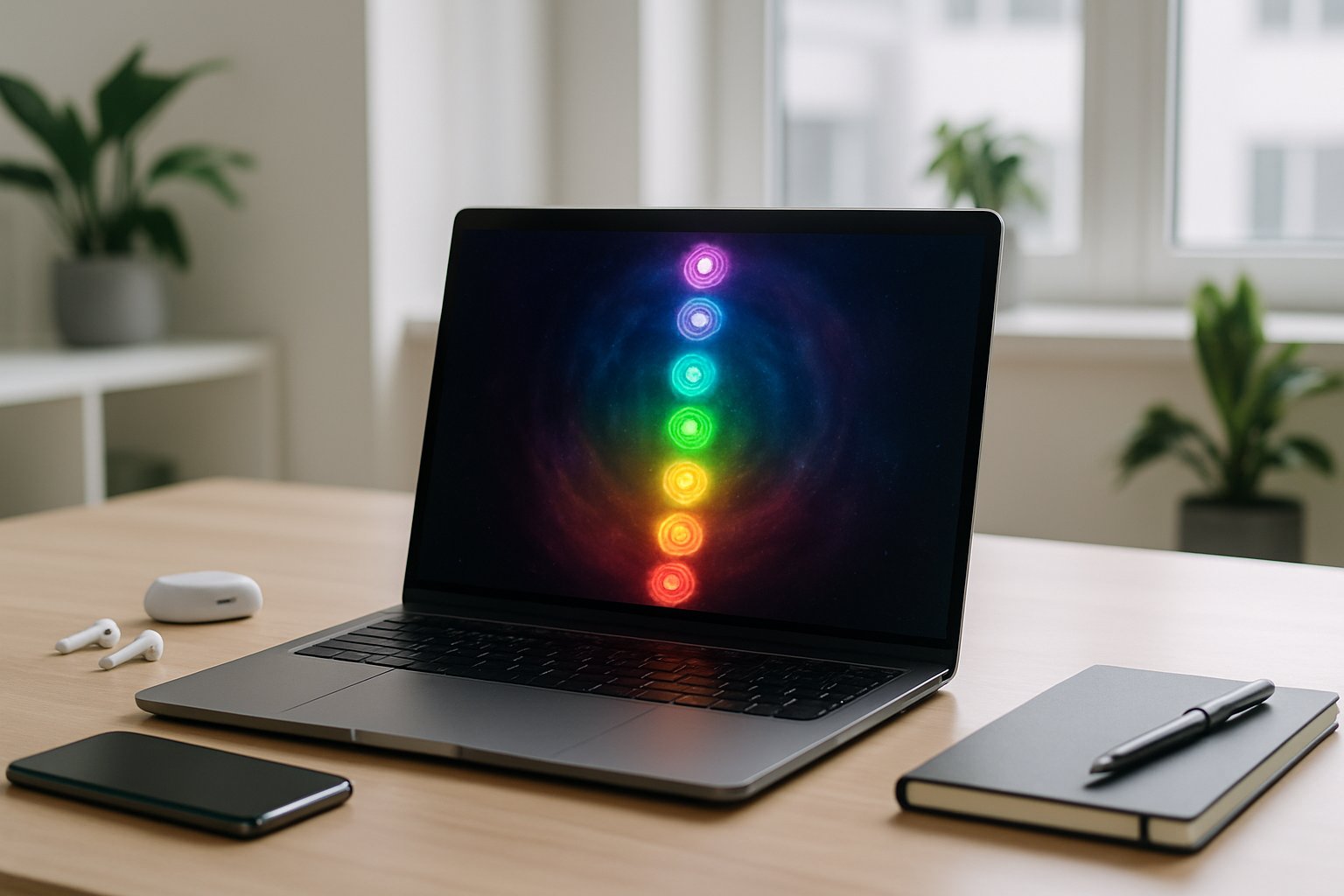 A modern workspace with a laptop showing colorful chakra-inspired icons and tech gadgets on a clean desk in a bright office.