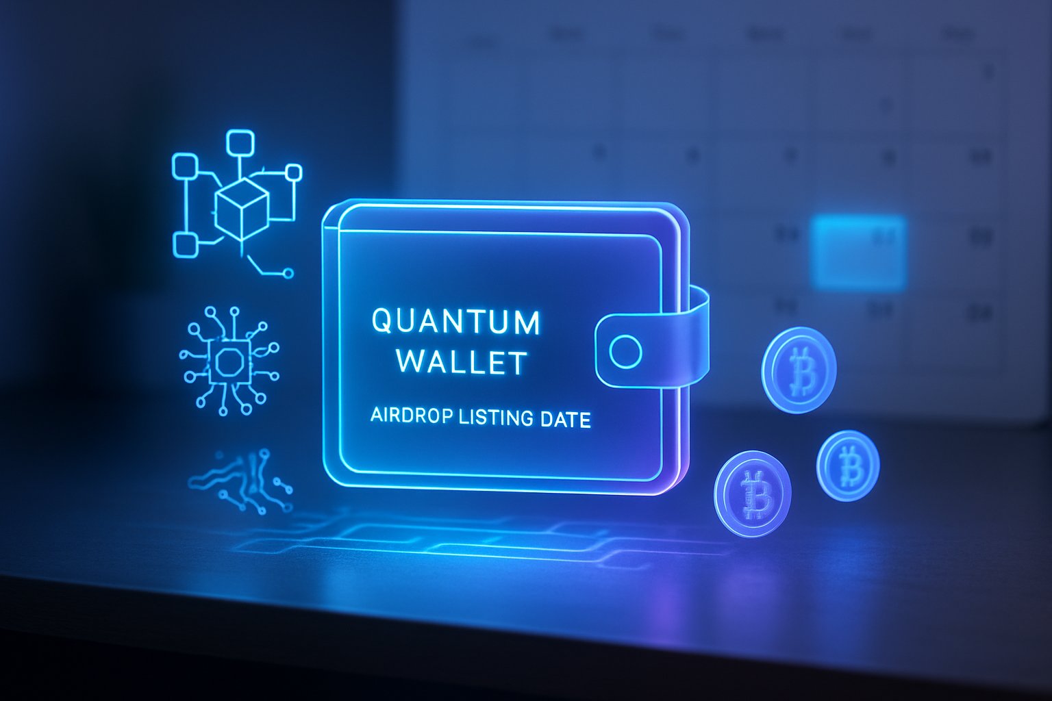 A futuristic digital wallet interface glowing with blue and purple lights above a desk, surrounded by holographic blockchain and quantum circuit elements with a blurred abstract calendar in the background.