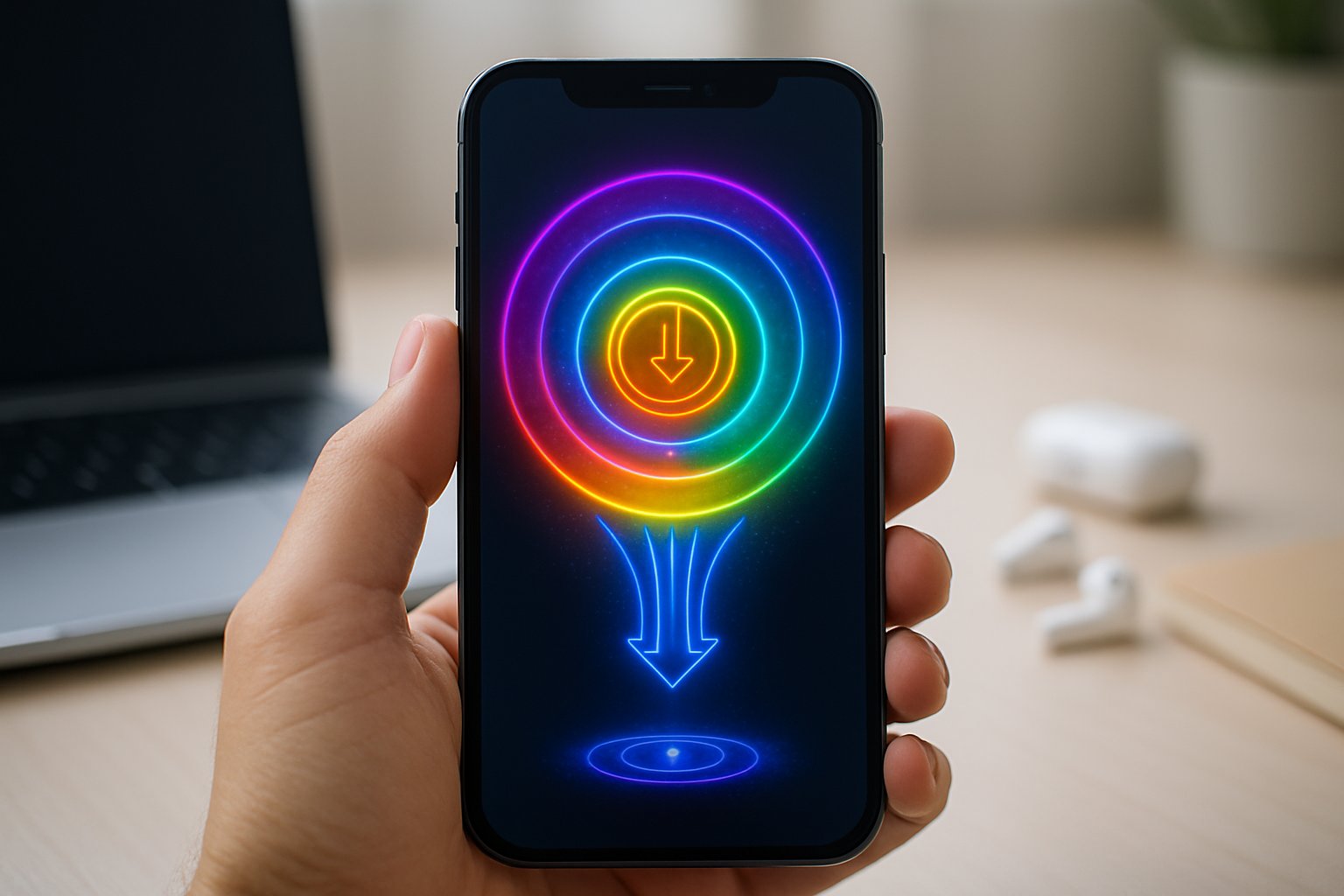 A smartphone on a desk showing colorful glowing circular patterns on its screen with a laptop and notebook in the background.