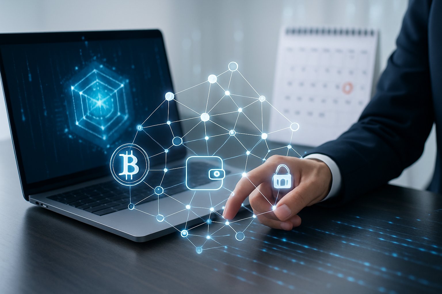 A person interacting with a futuristic digital interface showing cryptocurrency and wallet icons beside a laptop and a calendar highlighting a specific date.