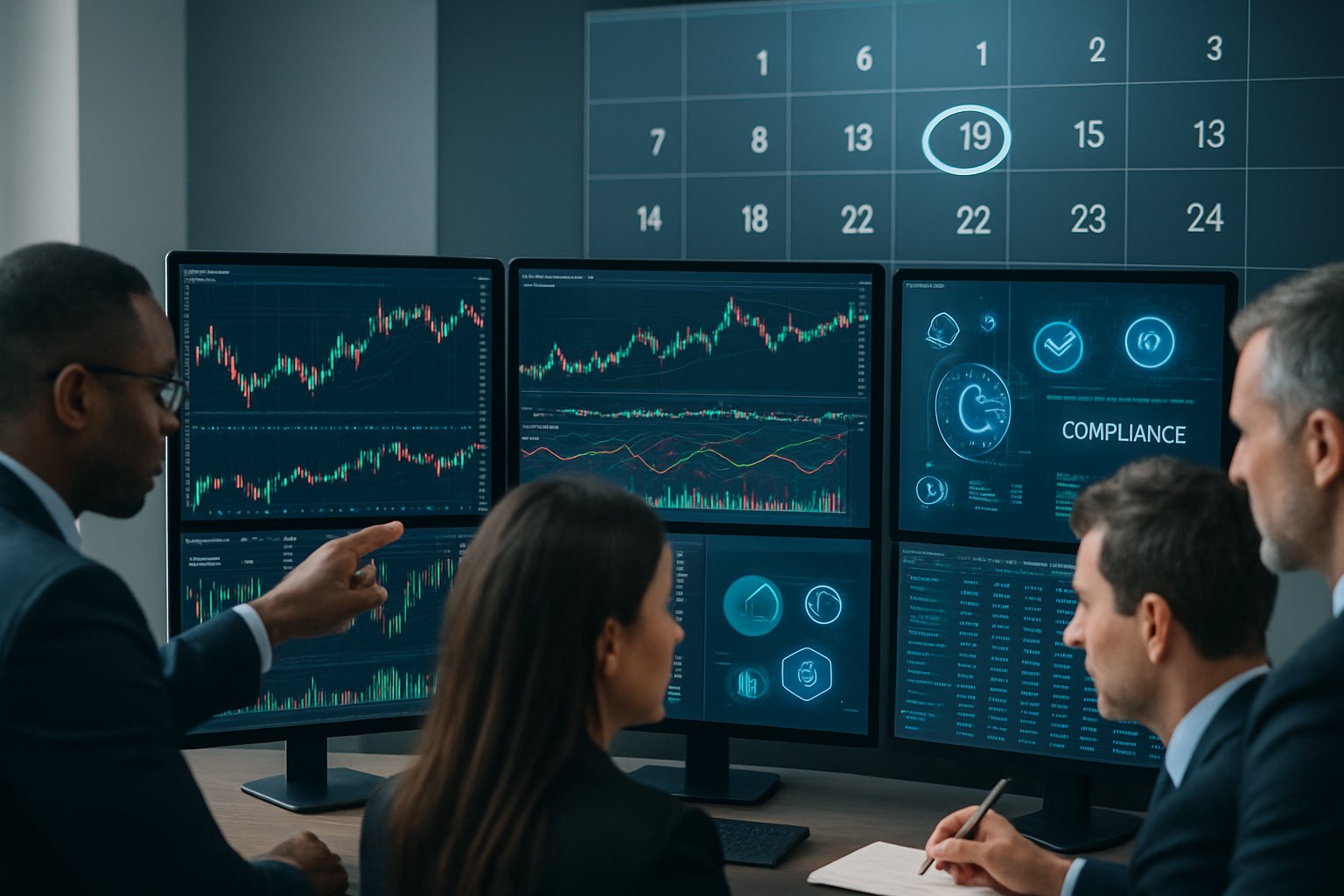Business professionals discussing financial data on multiple monitors in a modern office with a digital calendar highlighting an important date.