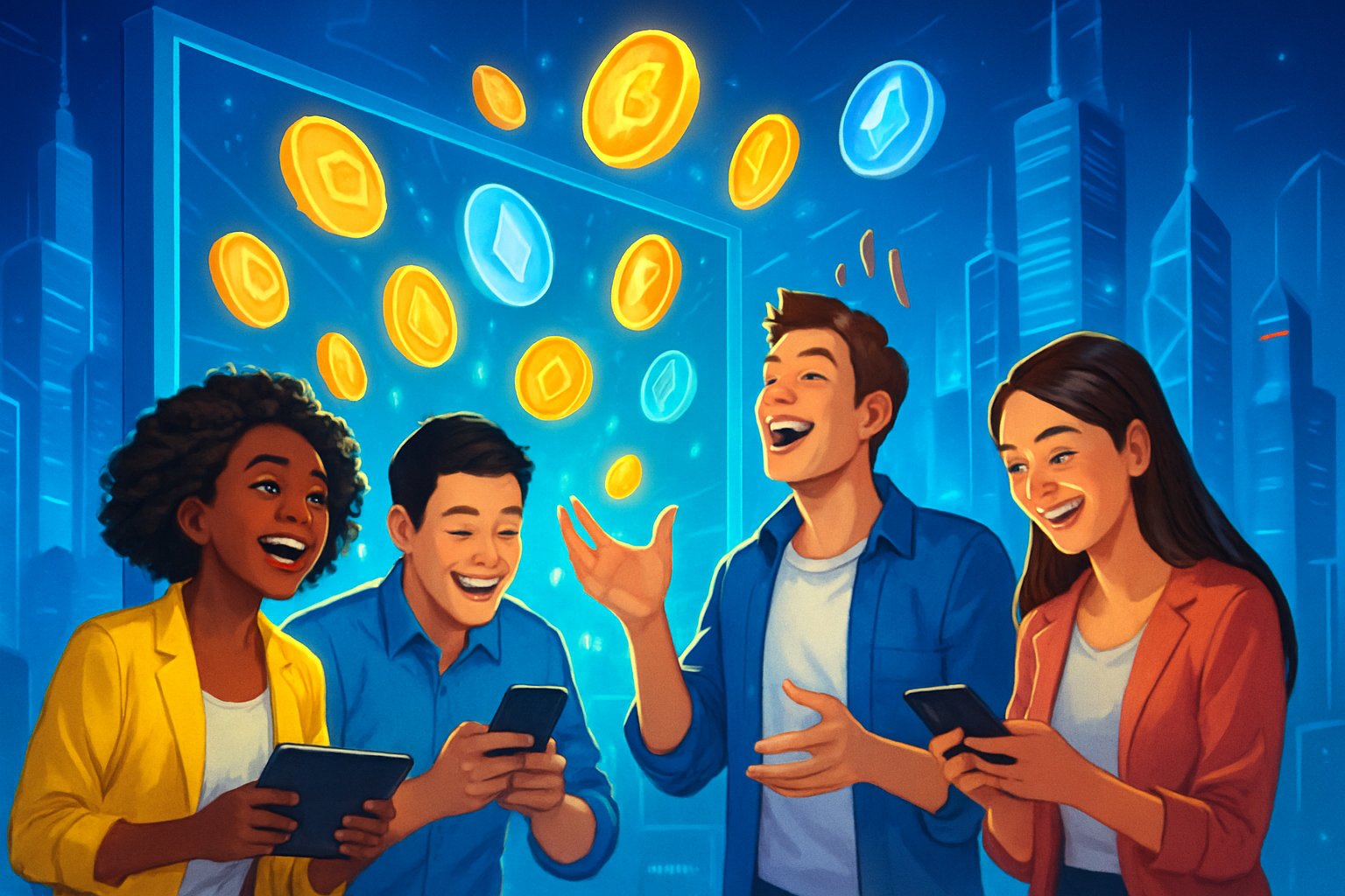 A group of young professionals interacting with digital devices in front of a large screen showing floating coin icons in a modern city setting.