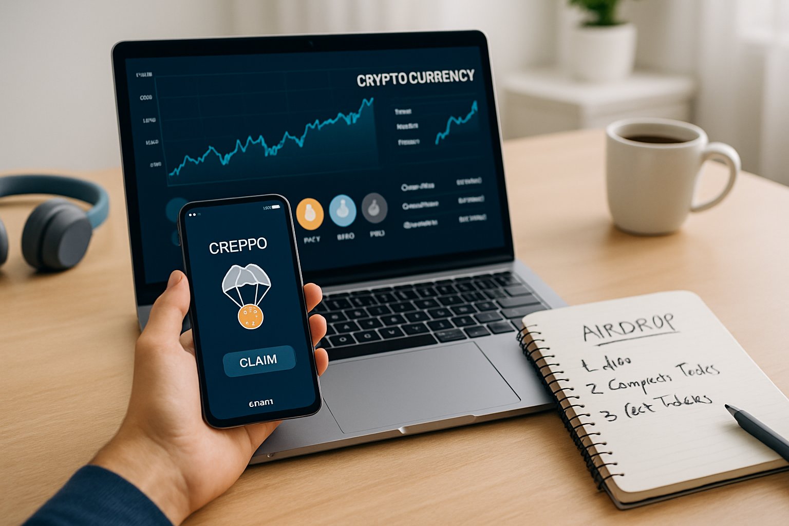 A modern workspace with a laptop showing cryptocurrency charts, a smartphone with a crypto app, and a notebook with notes, set in a bright office.