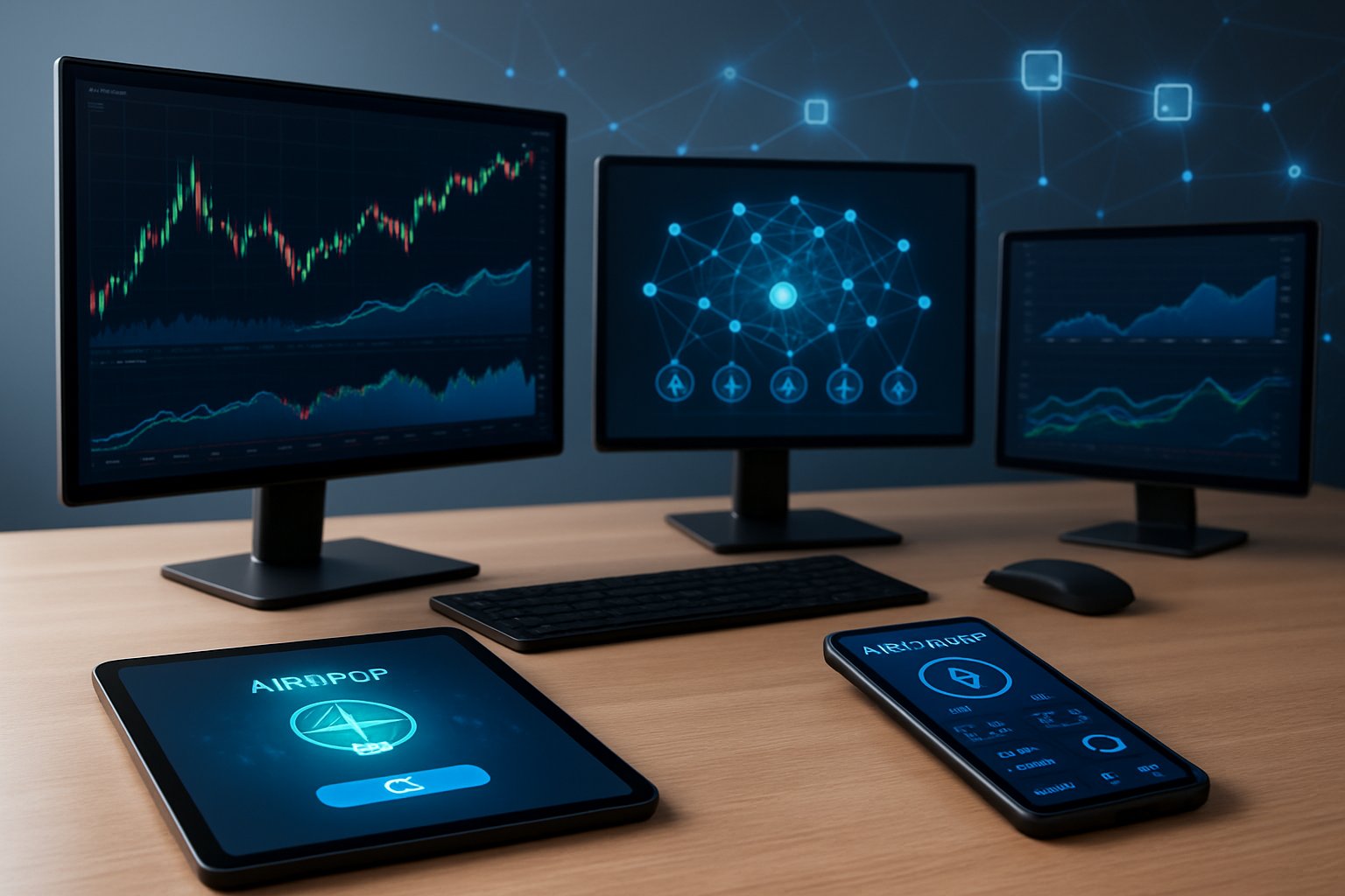 A modern digital workspace with computer monitors showing cryptocurrency charts and network diagrams, along with digital devices displaying crypto wallet interfaces.