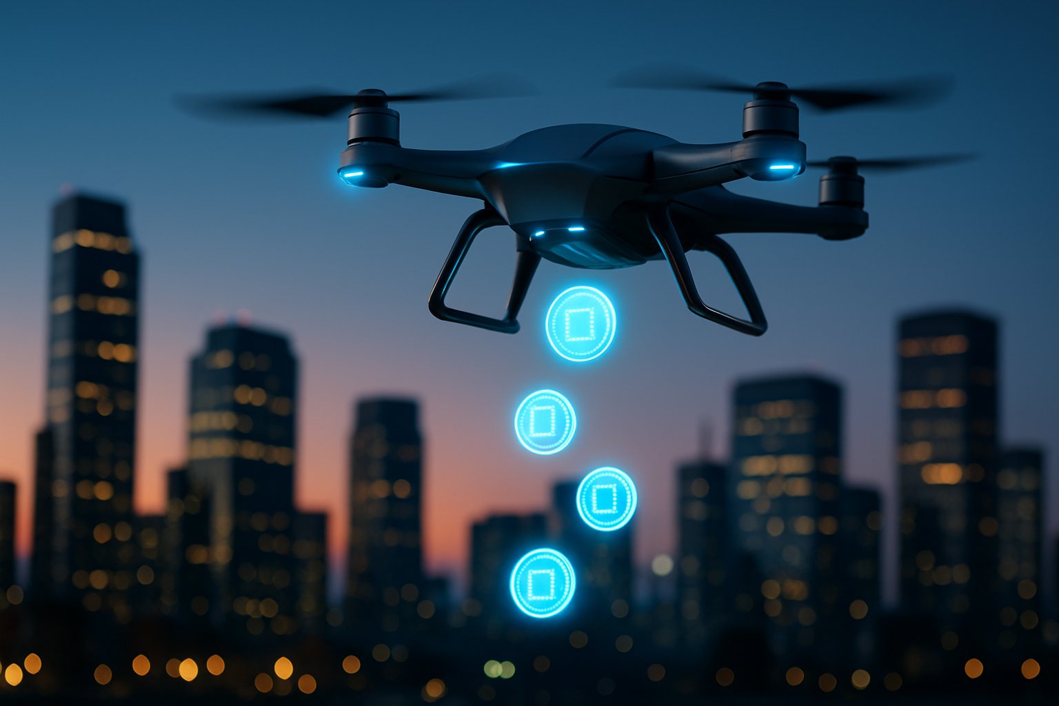 A drone releasing glowing digital tokens over a city skyline at dusk.