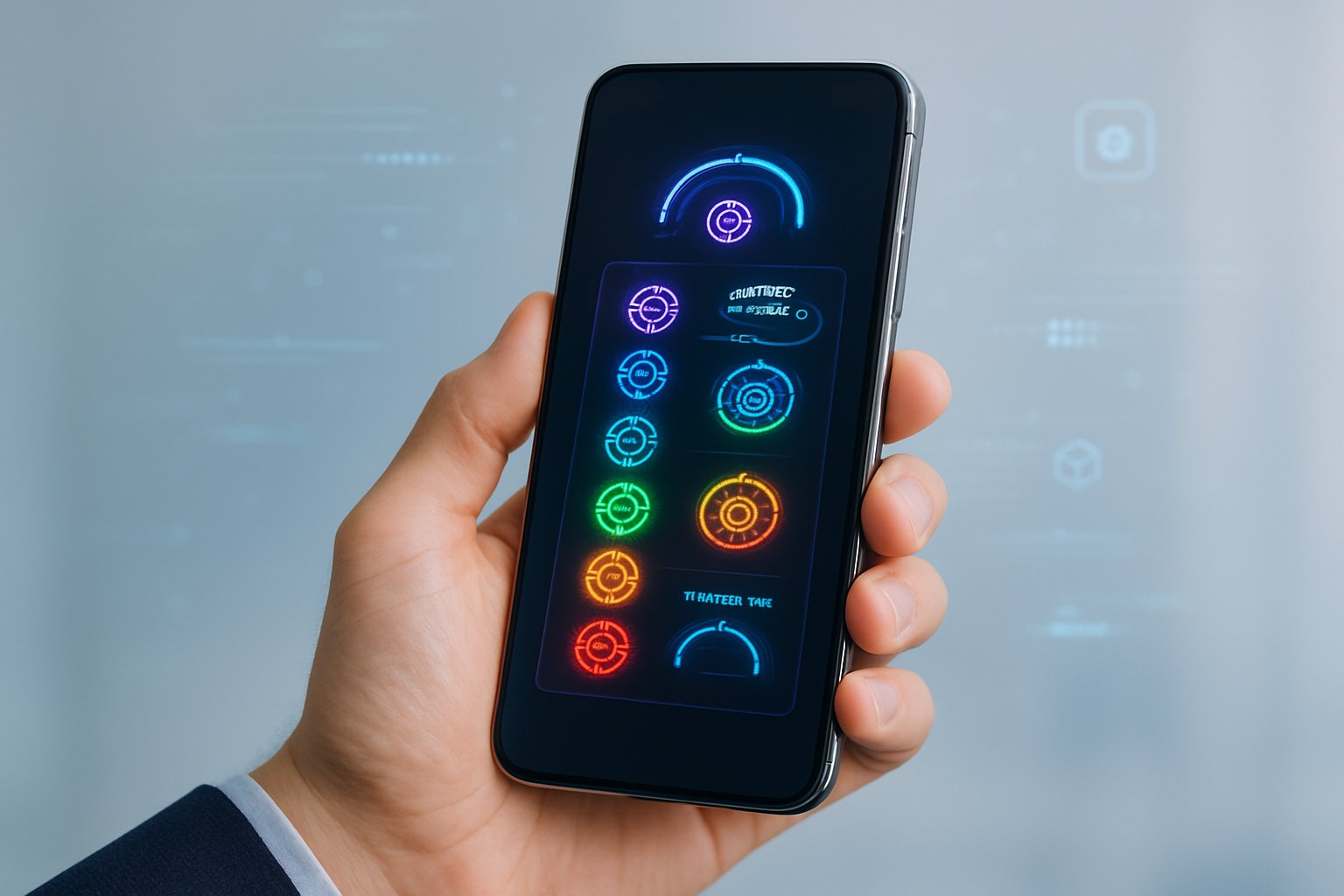 A person holding a smartphone showing a futuristic app interface with glowing circular icons and digital elements in a clean tech environment.