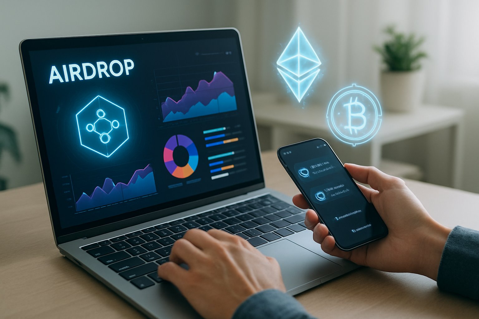 A person using a laptop and smartphone displaying cryptocurrency charts and notifications in a modern office setting.
