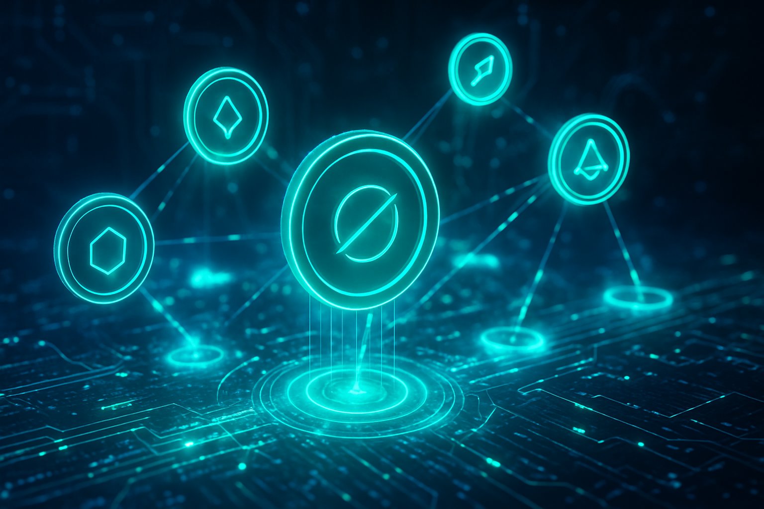 A digital network of glowing interconnected cryptocurrency tokens floating in a high-tech environment with holographic data streams.