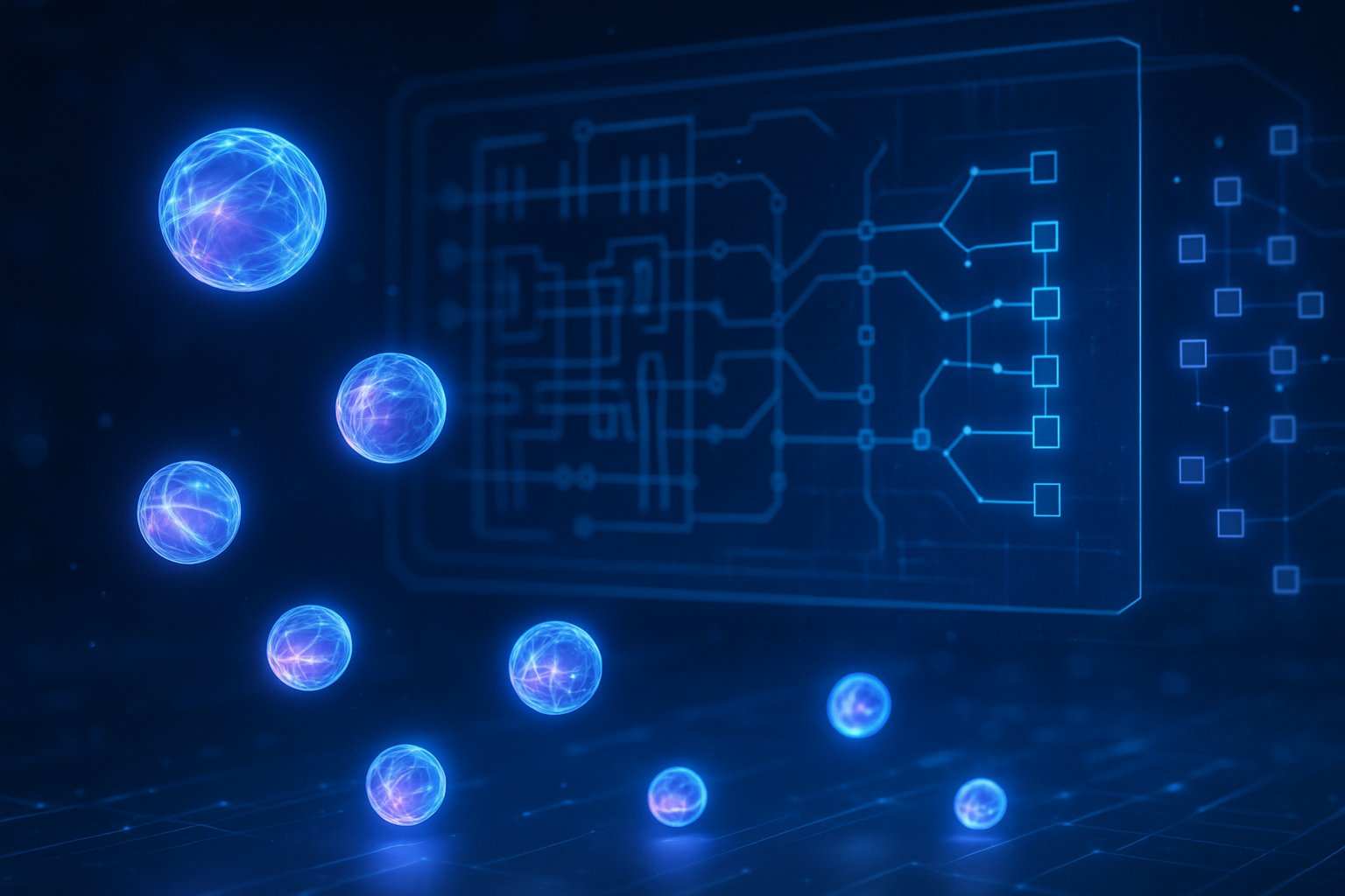 A futuristic digital scene showing glowing quantum particles floating above a holographic interface with interconnected circuit patterns.
