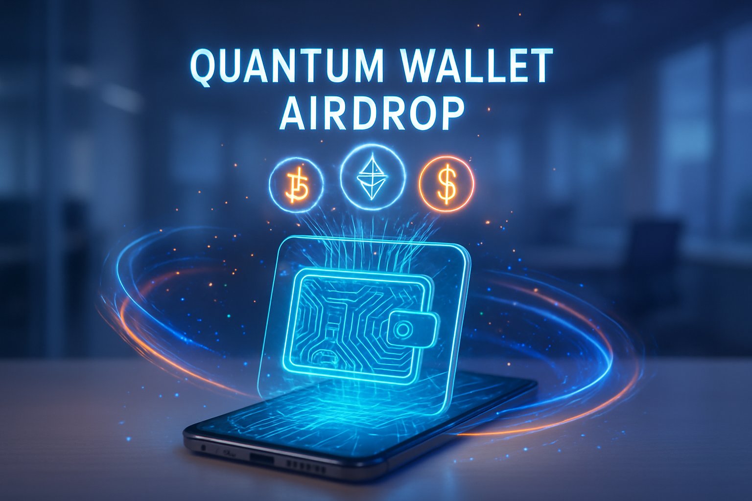 A floating smartphone displaying holographic quantum circuits and cryptocurrency symbols with light trails in a modern tech office background.