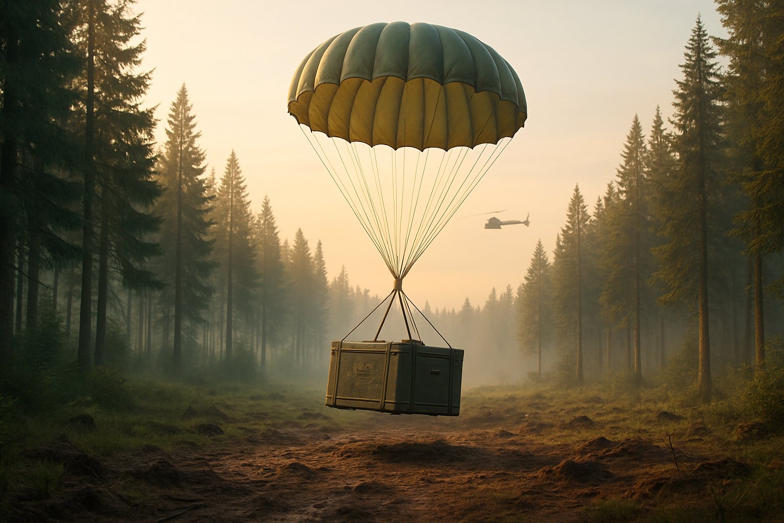 A military cargo parachute descending into a misty forest clearing at dawn with a metal crate attached.