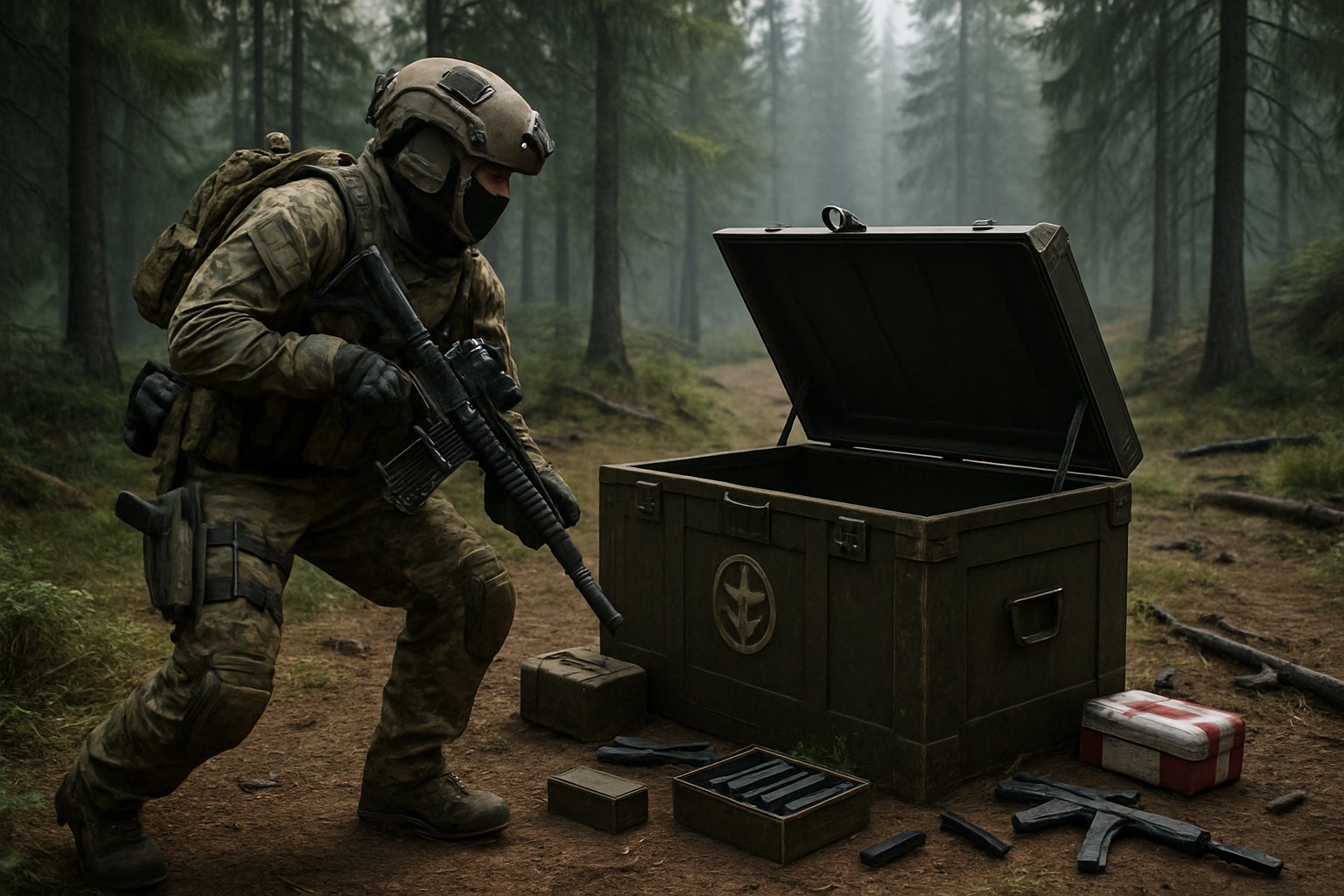 A soldier in camouflage gear approaching an open military airdrop crate surrounded by supplies in a dense forest.
