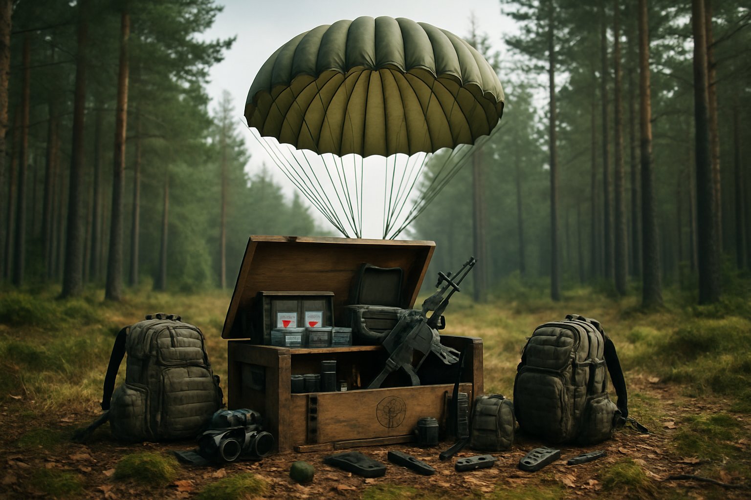 A wooden crate descending by parachute into a forest clearing, surrounded by military gear and supplies on the ground.