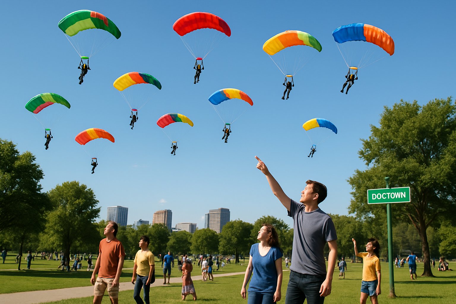 Parachutes descending over a green urban park with people watching from below on a sunny day.