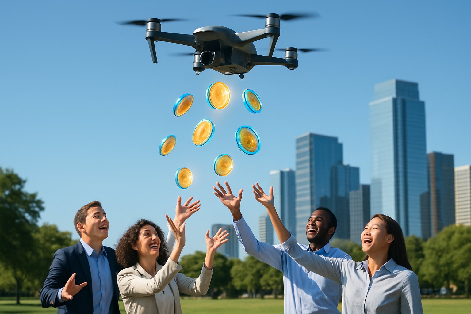 A drone releases glowing digital tokens from the sky as people in a city park reach up to catch them.