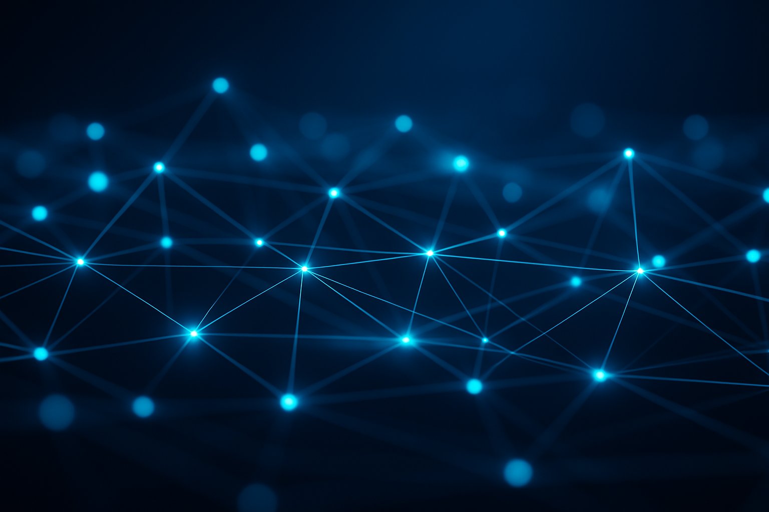 A glowing three-dimensional digital network of interconnected nodes and lines on a dark background representing data connectivity.