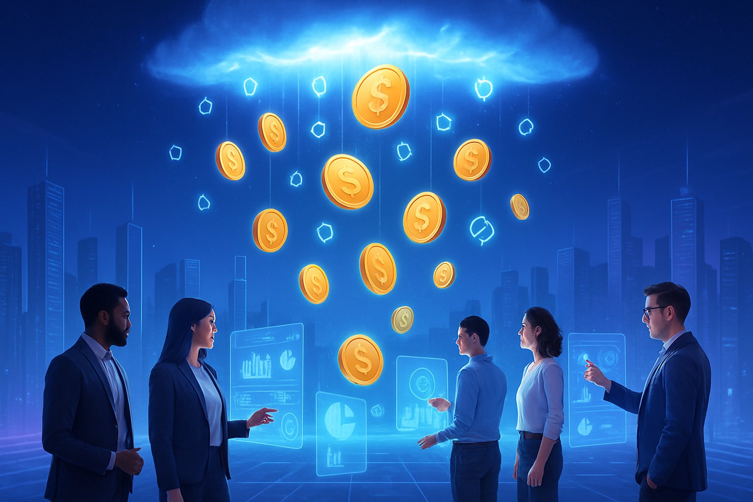 A group of business professionals interacting with floating digital tokens and holographic screens in a futuristic cityscape.
